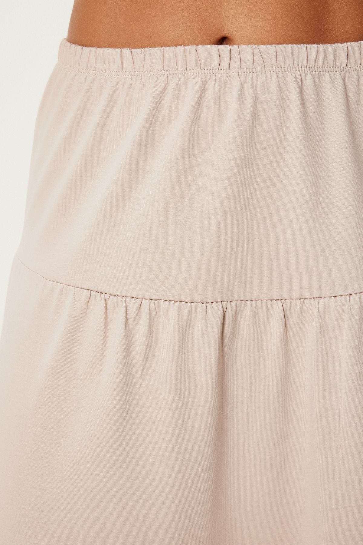 Woman Beige Oversize T-Shirt Volan Knitting Skirt Set UB00291