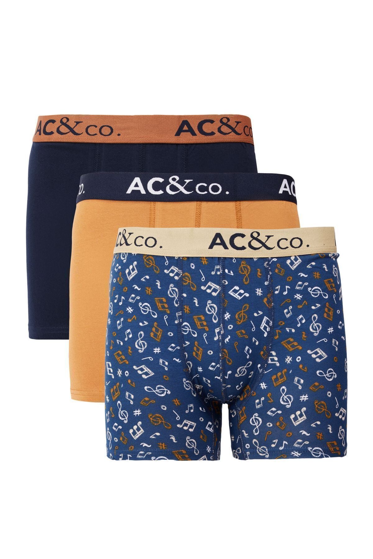 Men's navy blue-brown cotton flexible pattern 3-boxer package