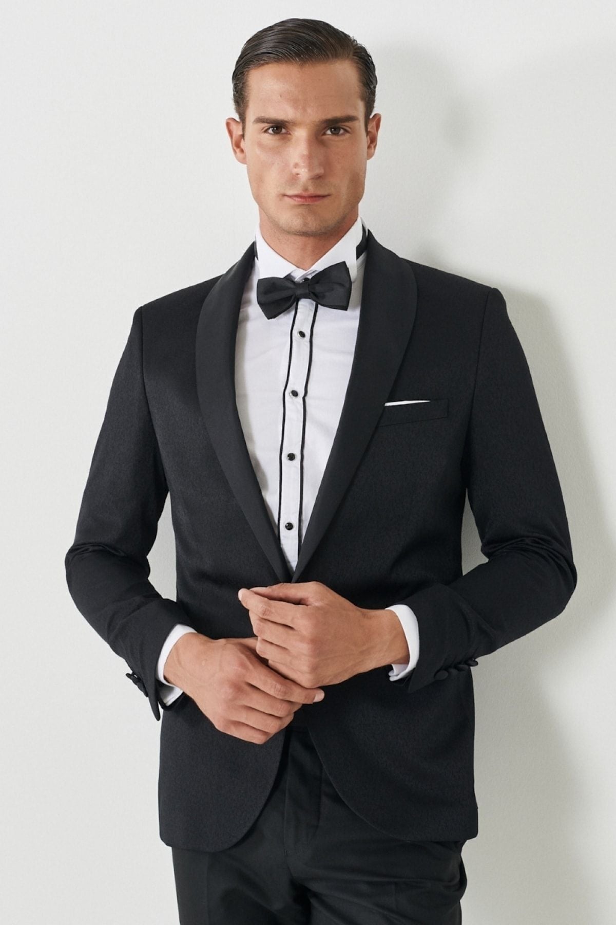 Men's black slim fit narrow cutting mono collar pattern classic tuxedo set