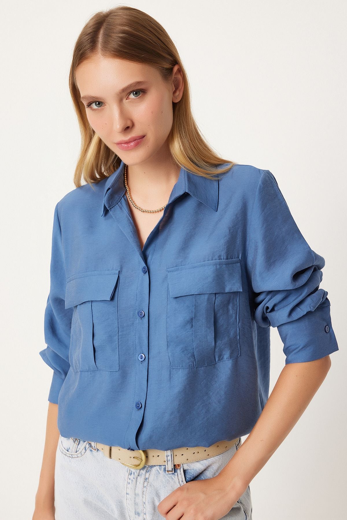 Women's Indigo Blue Wide Pocket Tensel Shirt FN03243