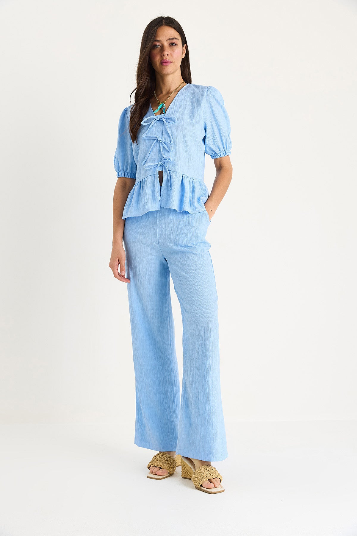 Women's Blouse with Tie Detail and Elastic Sleeves Trousers Wrap Suit 8015 60283448