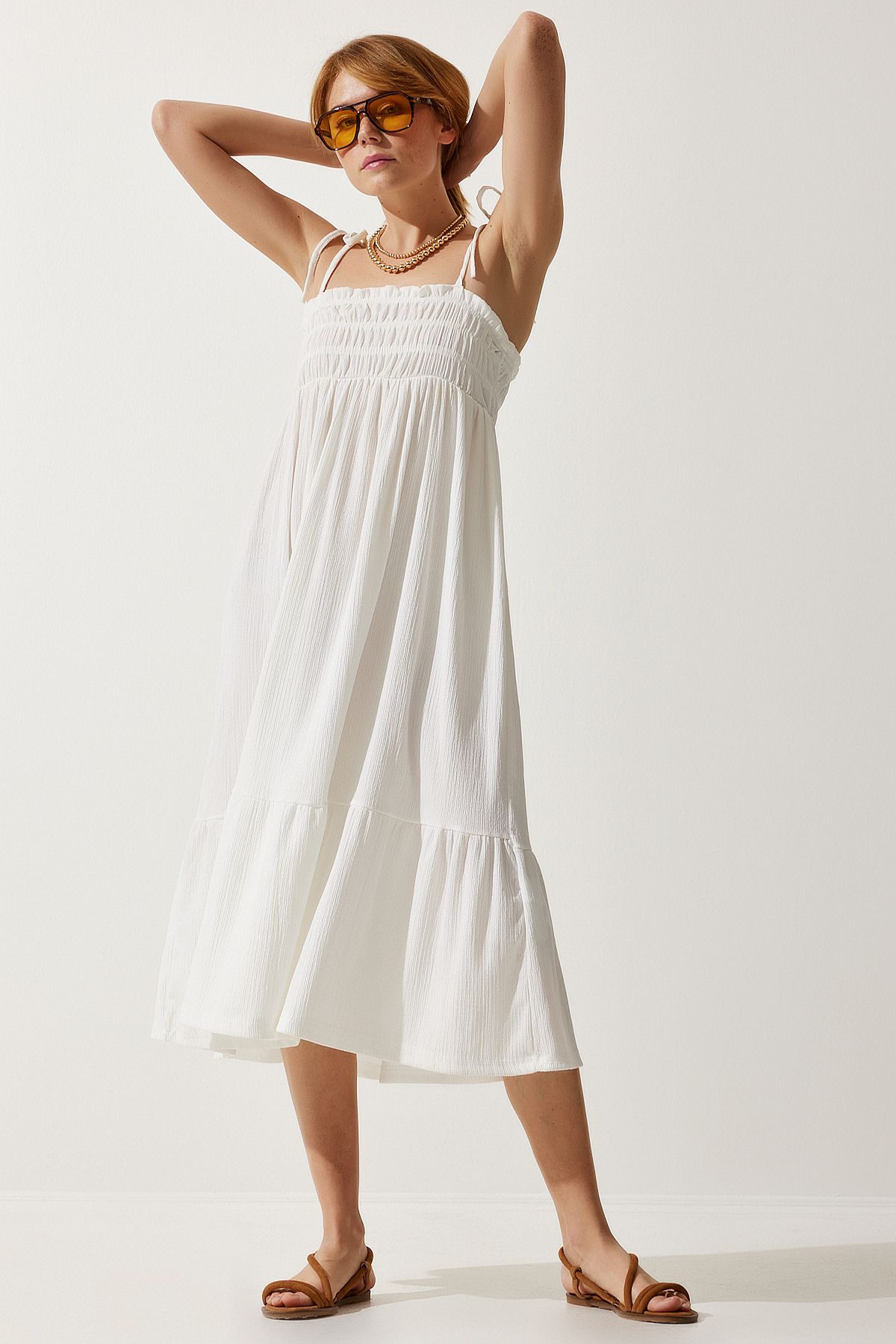 Woman White Hanger Krinkıl Summer Knitting Dress UB00250