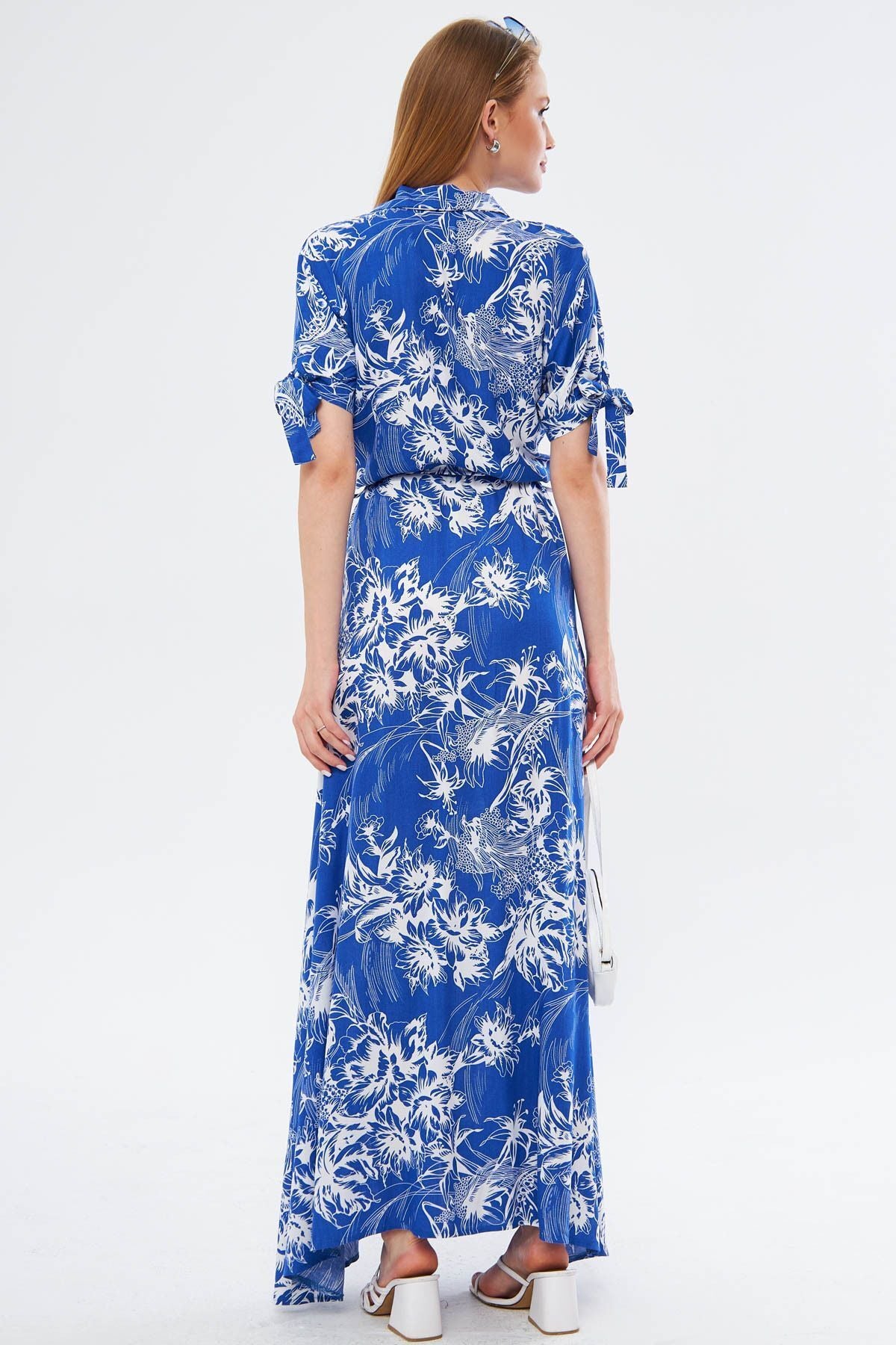 Female Blue Arm Tied waist belt shirt dress ARM-23Y001004
