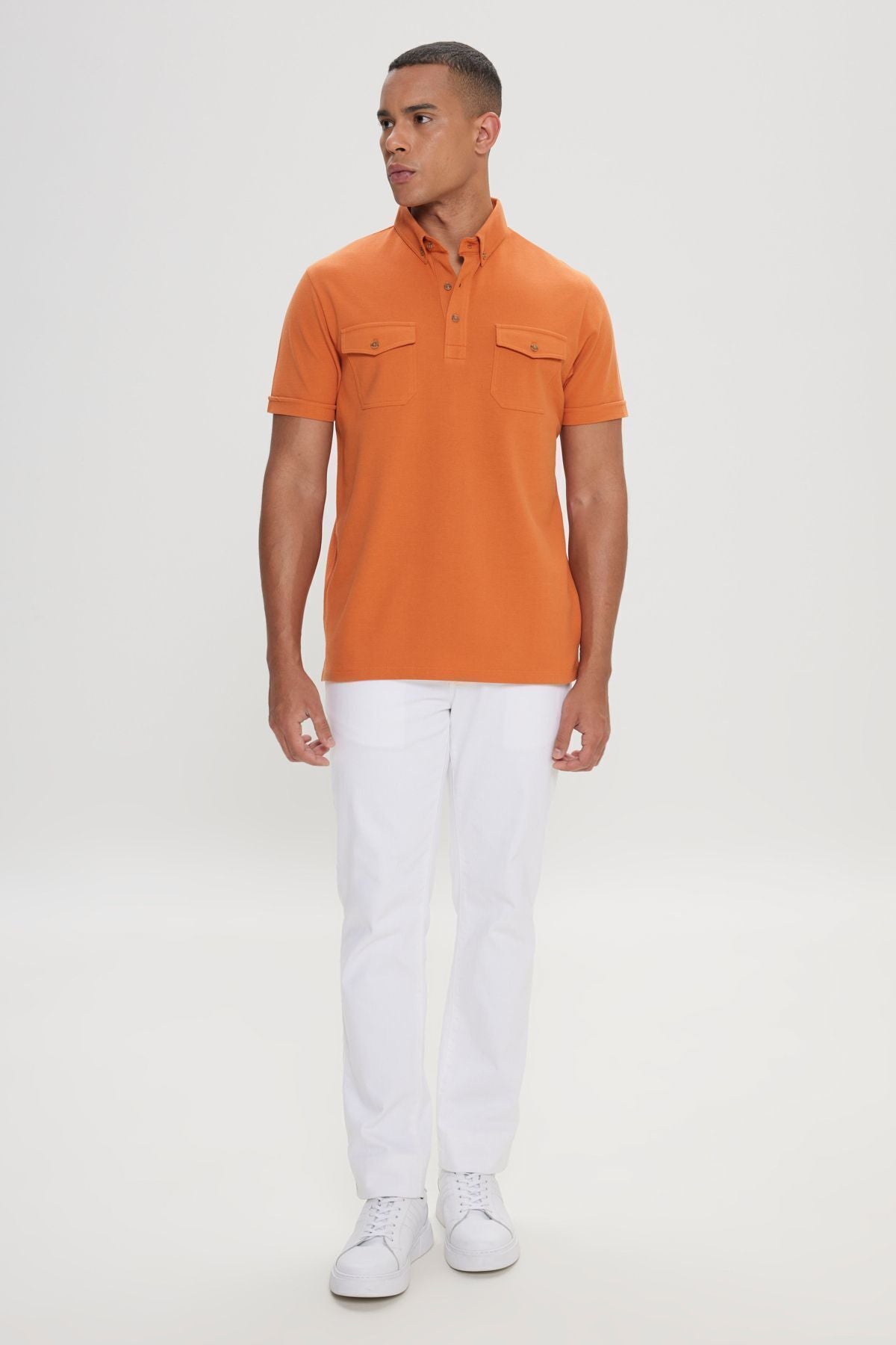 Men's Orange 100 %Cotton Slim Fit Narrow Cut Polo Yaka T -shirt