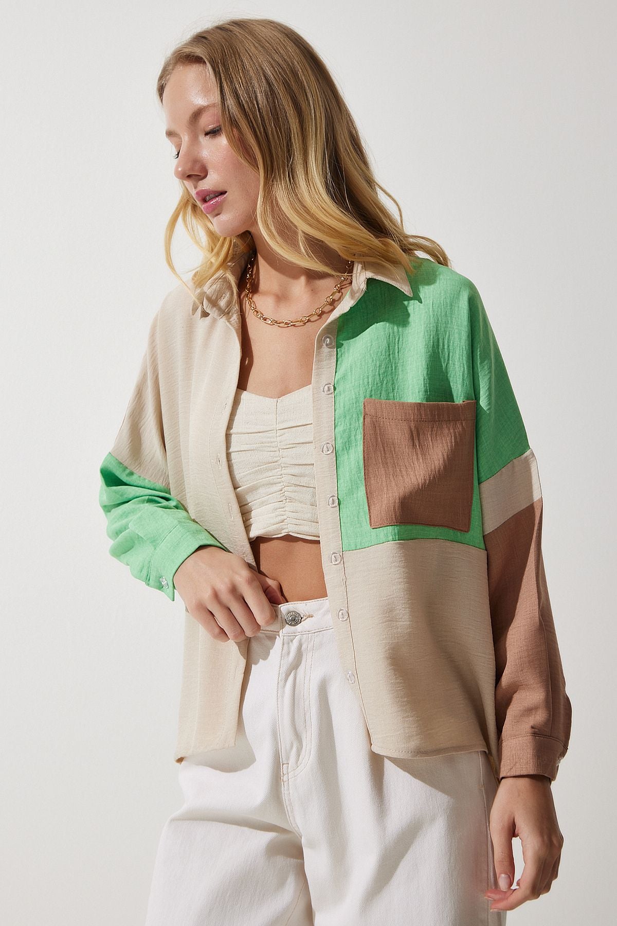 Female Beige Green Block Colorful Linen Shirt TP00030