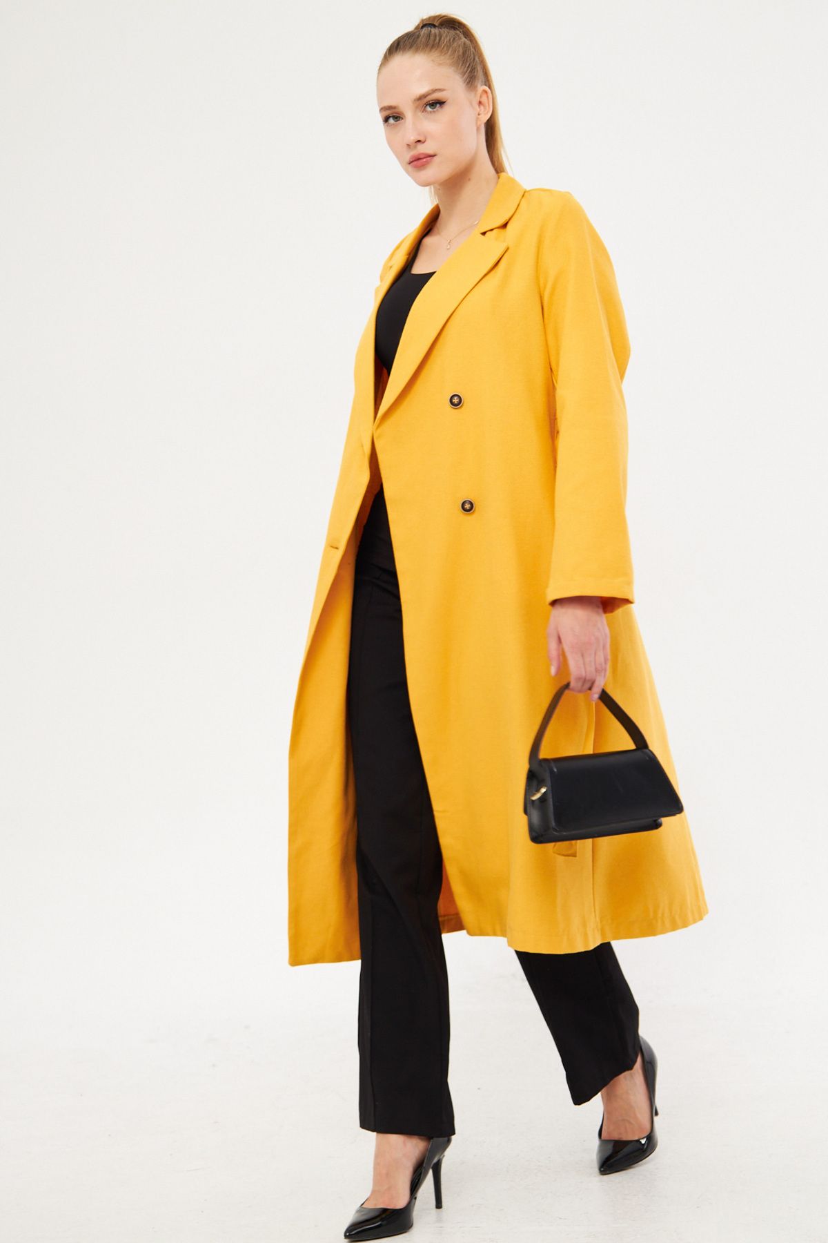 Woman mustard cruiser collar waist belt long trench coat ARM-24K001064