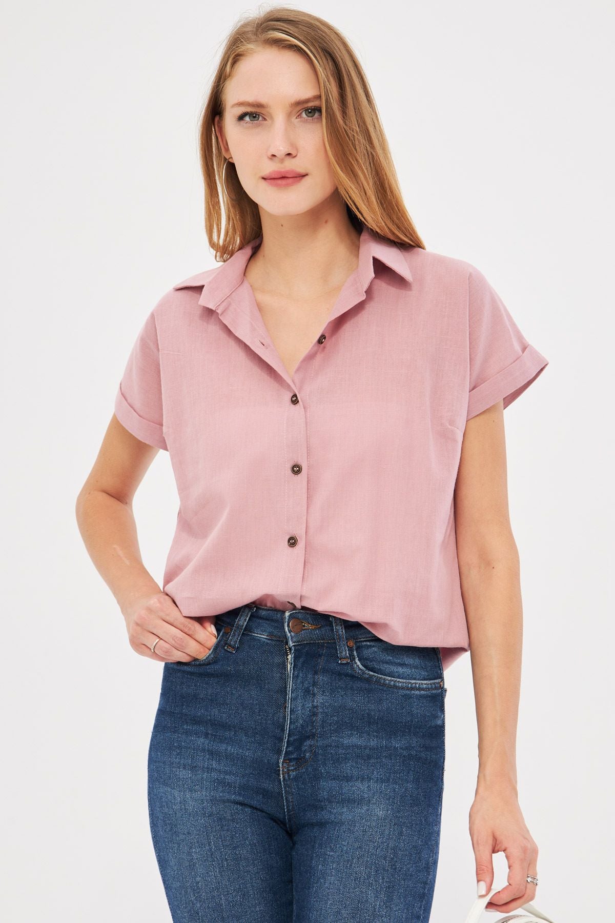 Woman Pink Short Sleeve Linen Shirt ARM-24Y001038