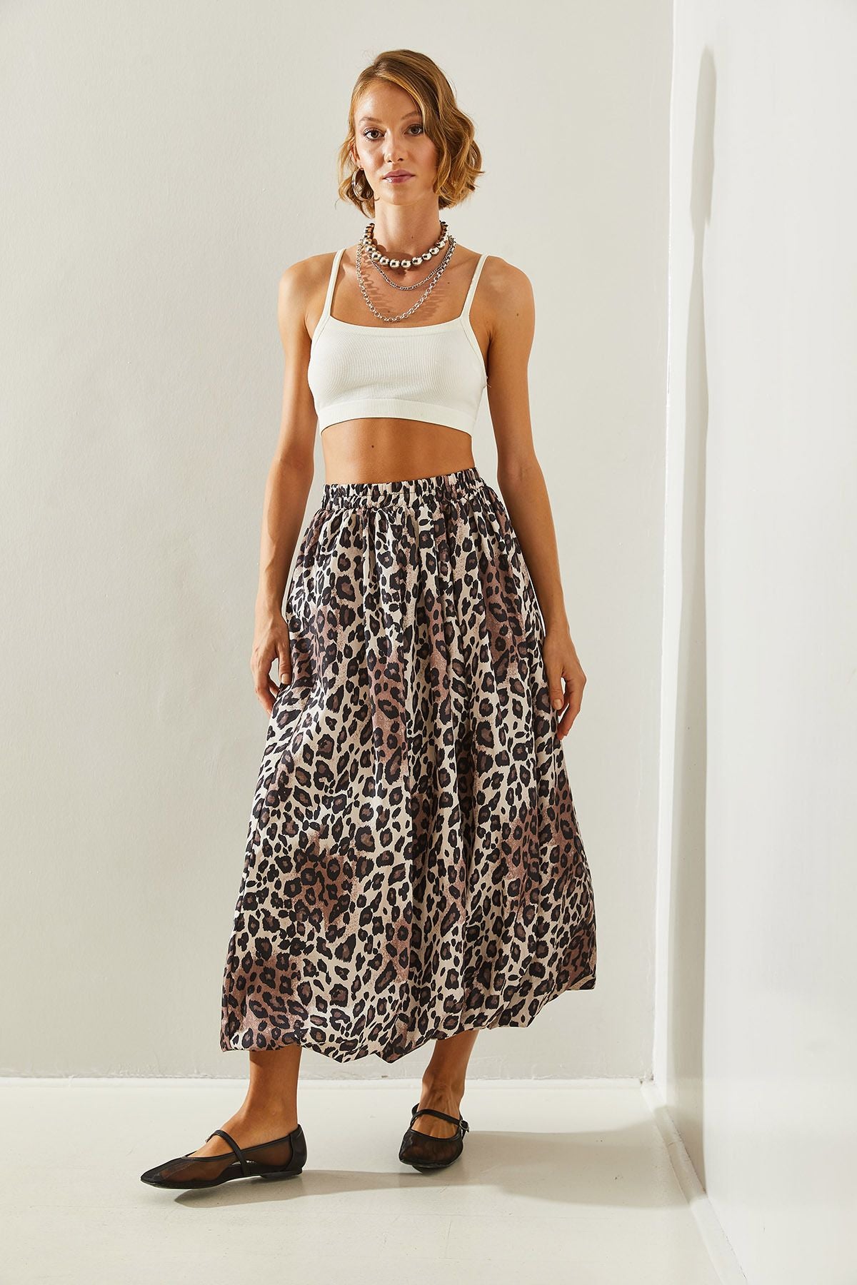 Women Satin Tafta Leopard Balloon Skirt De241023 60251461