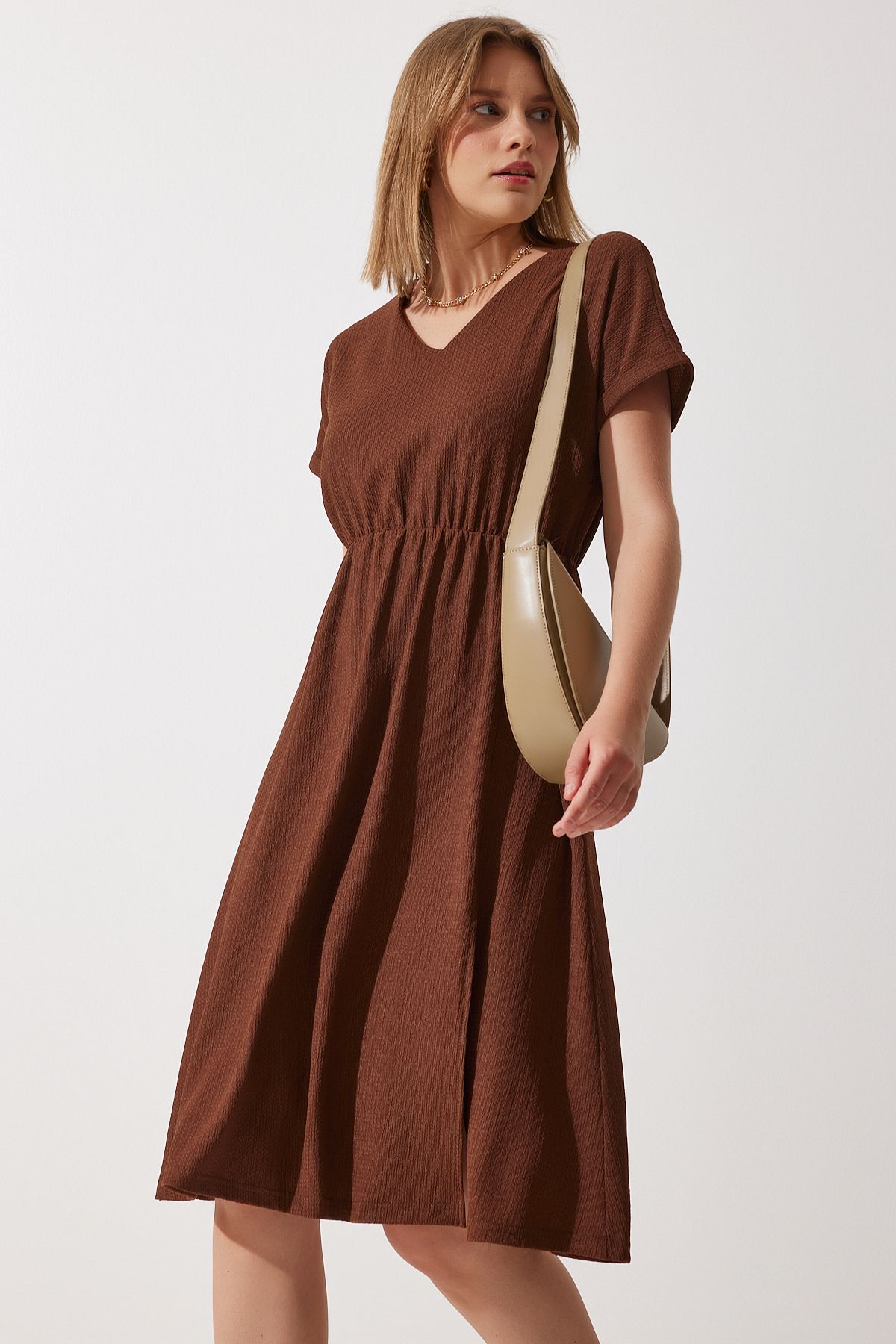 Woman Brown V -Neck Slip Summer Daily Knitting Dress DD01319