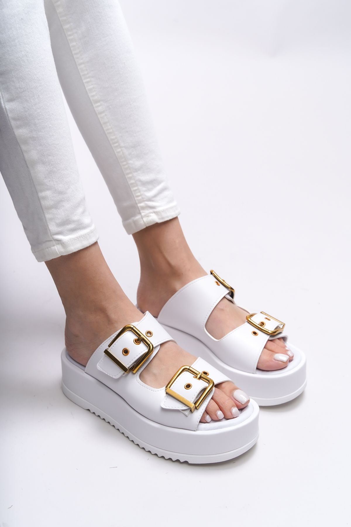 Winledha Woman Double Buckle Slipper 001278 White Skin