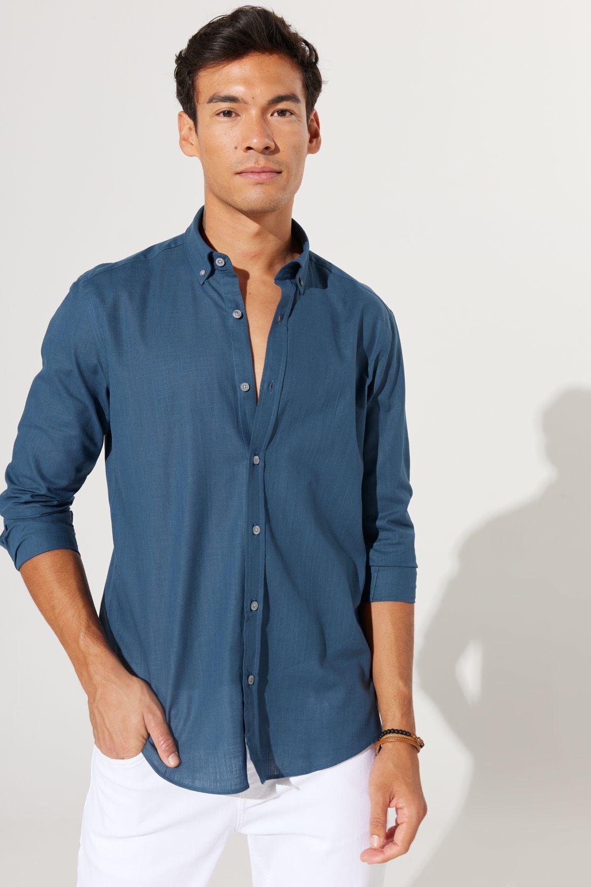 Men's Dark Oil 100 %Cotton Breathing Fabric Oxford Slim Fit button with collar pennant shirt