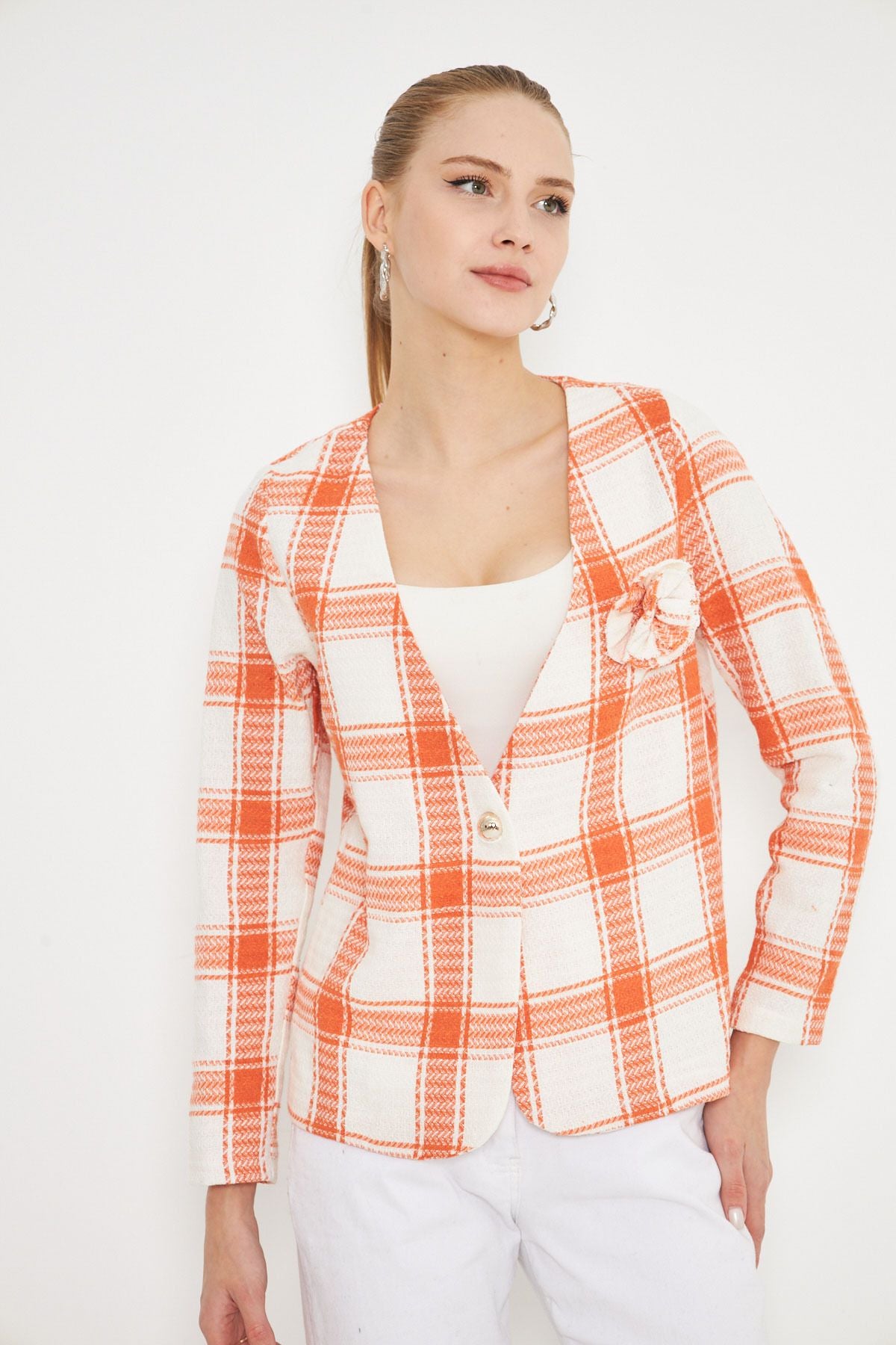 Women's Orange V-Neck collar brooch detailed plaid jacket ARM-25K001033