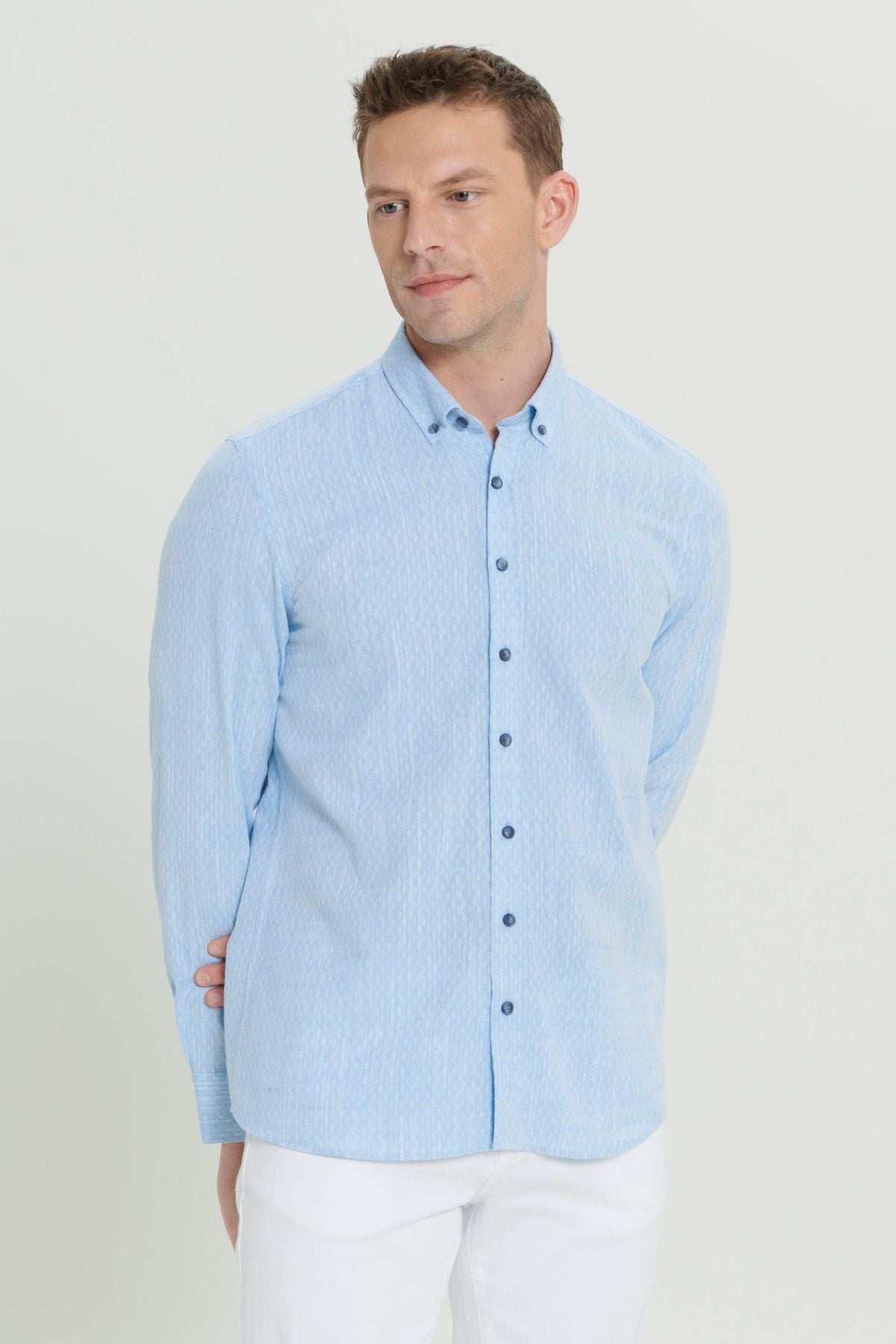 Men's Light Blue Slim Fit Narrow Cutting 100 %Cotton Ameful Buttoned Button Casual Shirt