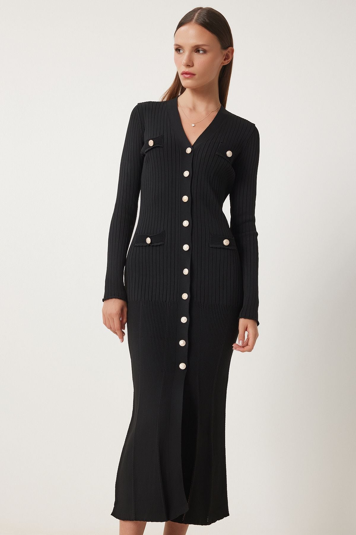 Female black stylish buttoned knitwear dress FN03379