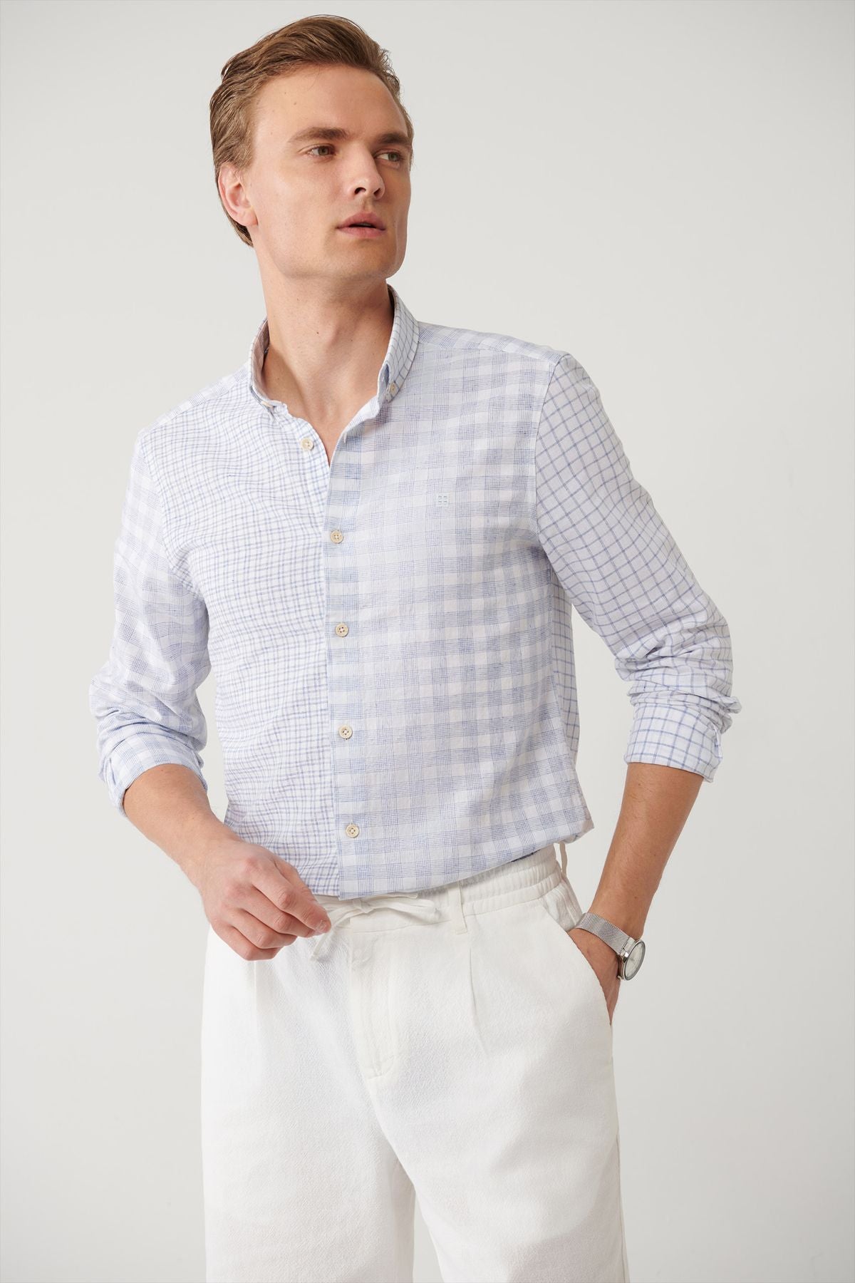 Men's blue plaid fragmented linen mixed shirt A41y2052