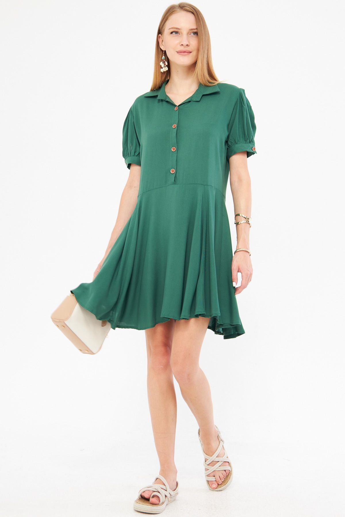 Woman Dark Green Shirt collar arm Slip Detailed Watermelon Sleeve Dress ARM-24Y001083