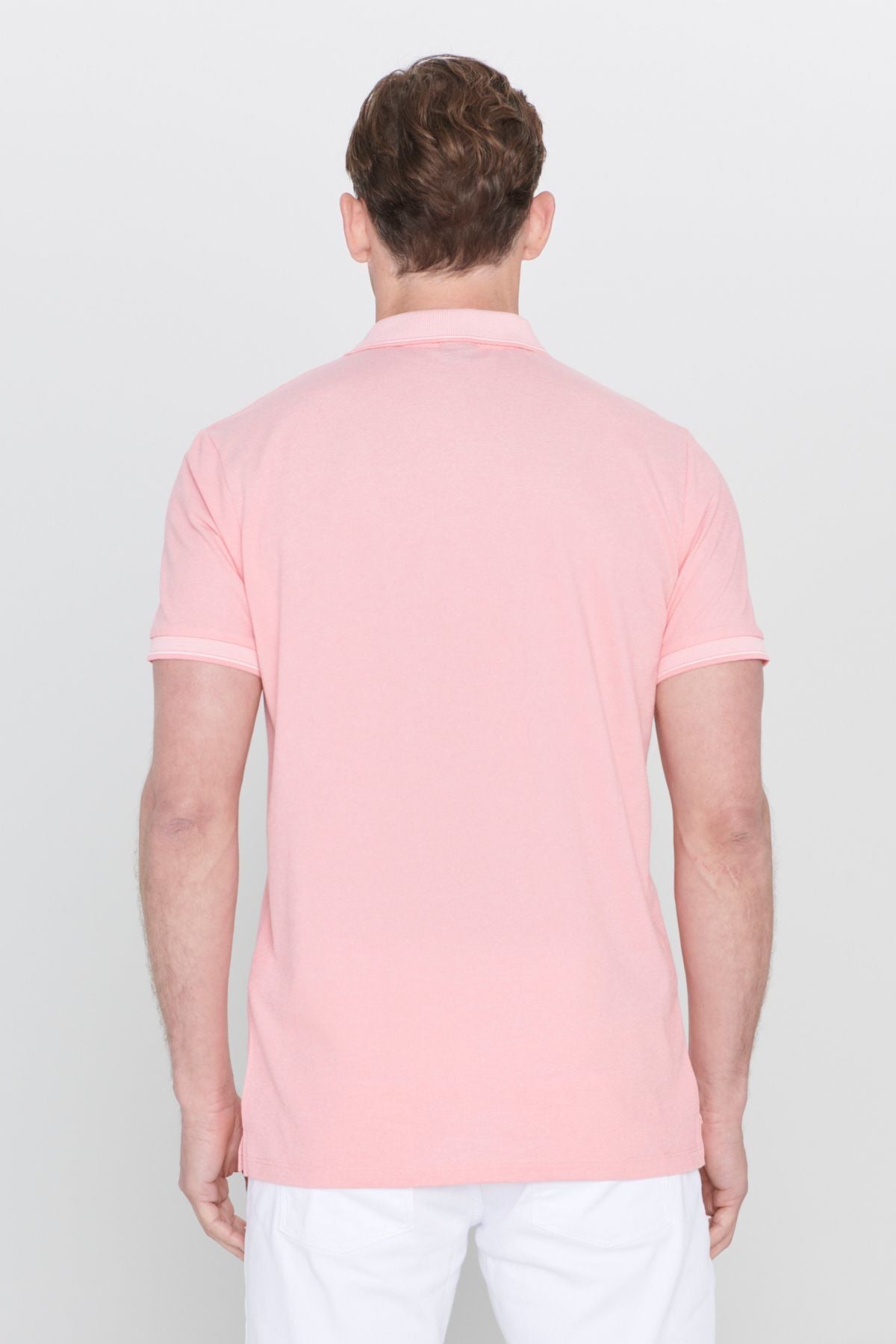 Men-Plugging Cotton Fabric Slim Fit Narrow Cut Pink-White Curlled Polo Yaka T-shirt