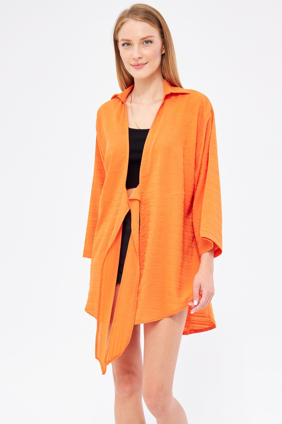 Female Orange Self-striped front-binding Kimono Shirt ARM-24Y001101