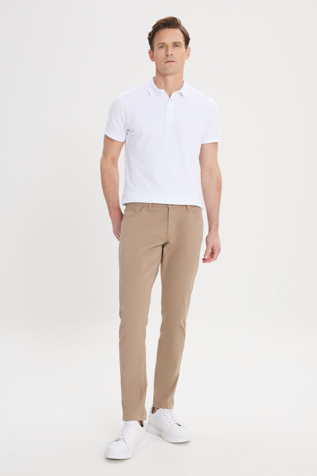 Men's Camel Slim Fit Narrow Cut 5 pocket cotton canvas flexible chino pants