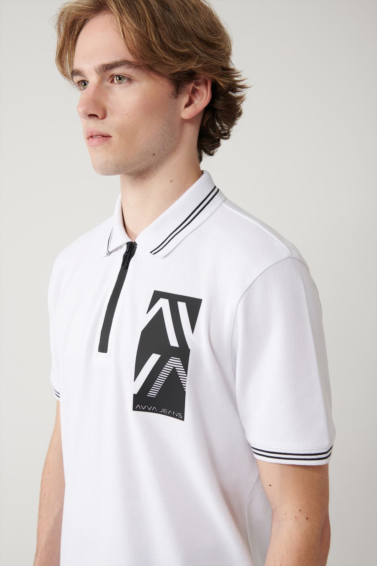 Men's White 100 %Cotton Printed Cotton Polo Yaka T-shirt A41y1182