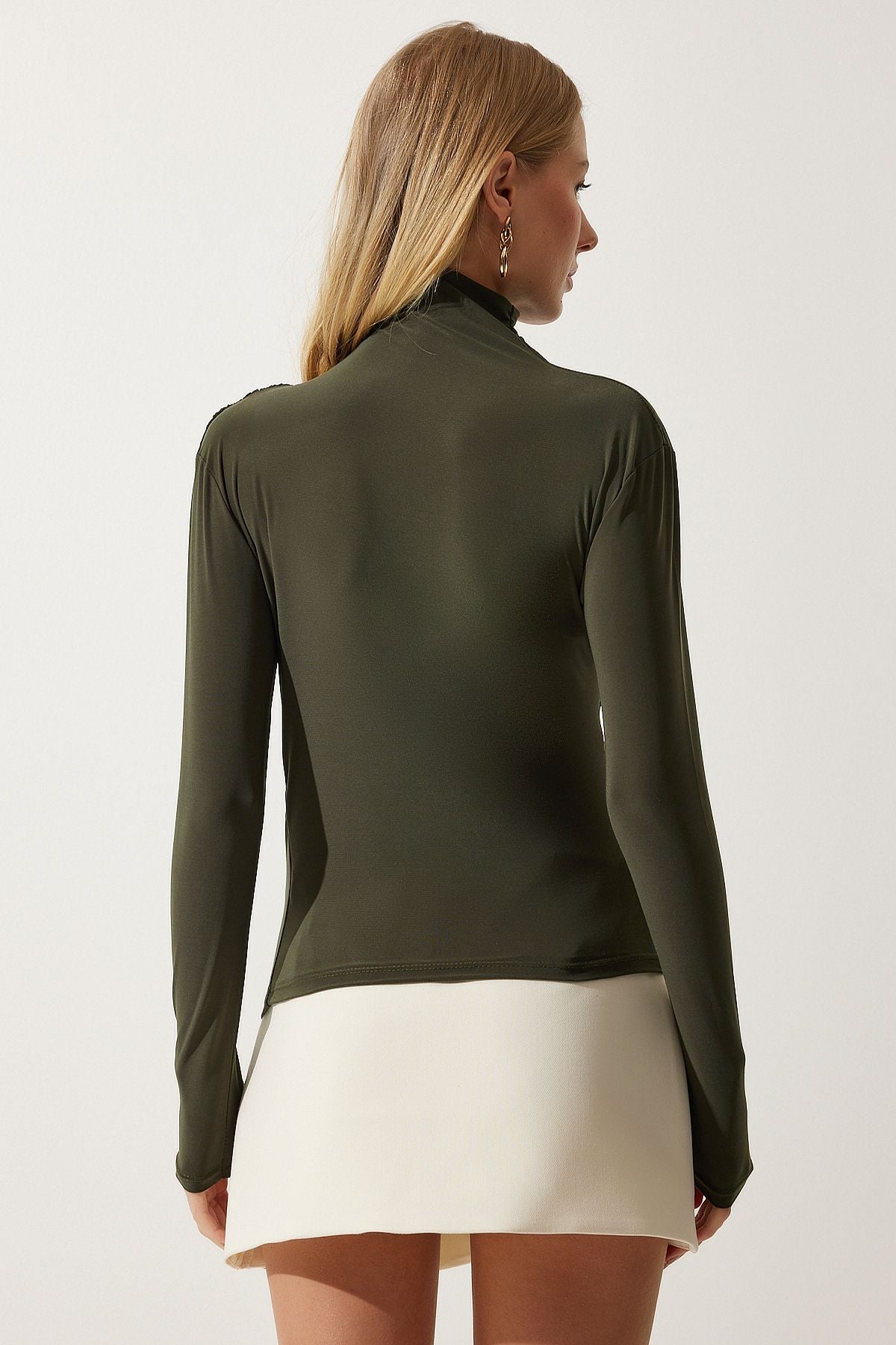 Female Khaki Shirring Detailed Red Neck Sandy Blouse FF00135