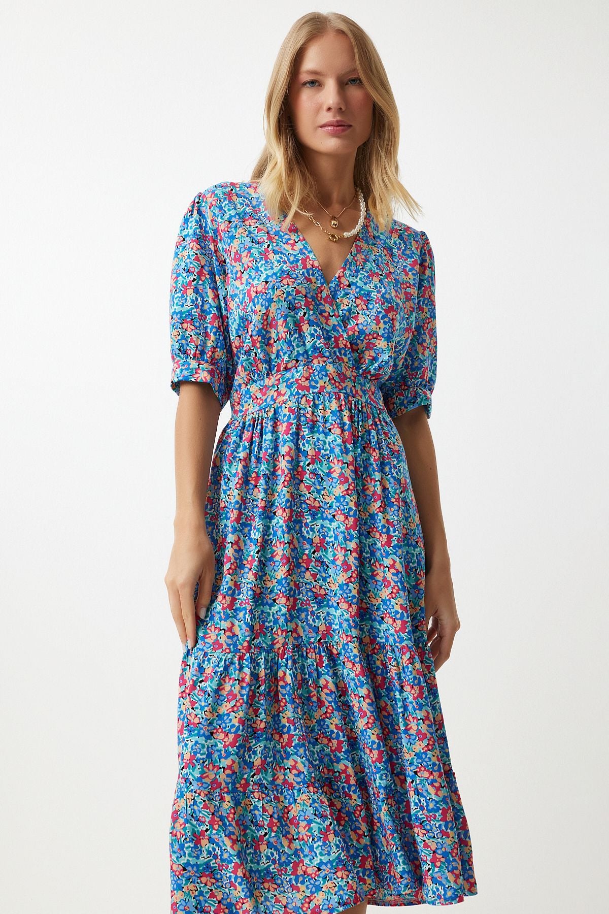 Woman Pink Blue Anvelop Yaka Floral Summer Visose Dress RV00128