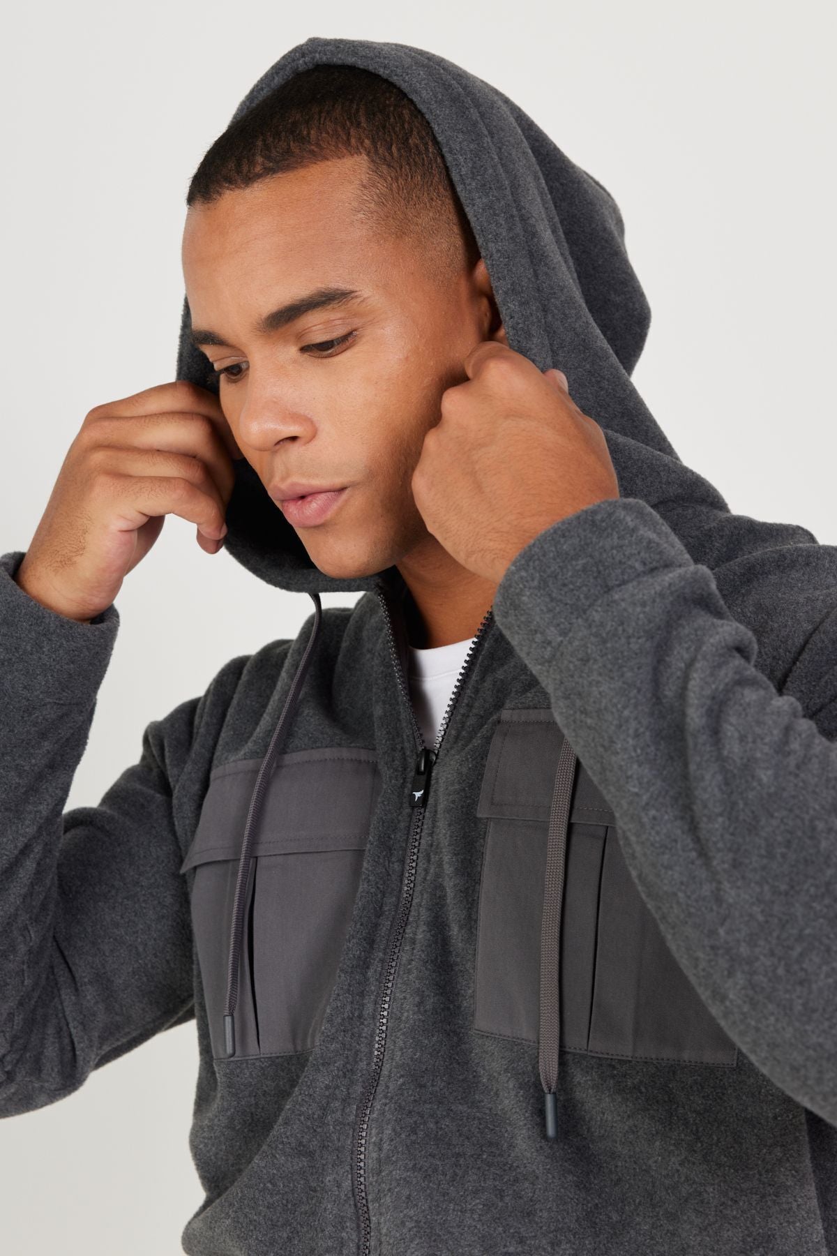 Men's anthracit-melanj standard fit normal cutting hooded polar sweatshirt jacket