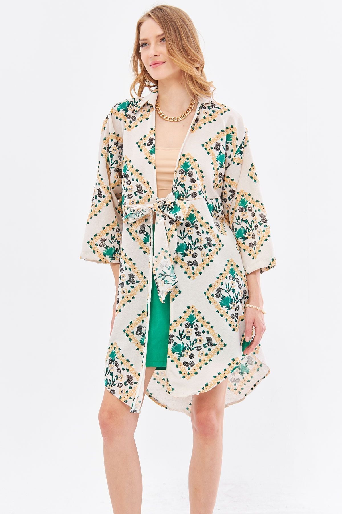 Female Dark Green Linen-Looking Patterned Patterned Midi Boy Kimono Shirt ARM-24Y001096