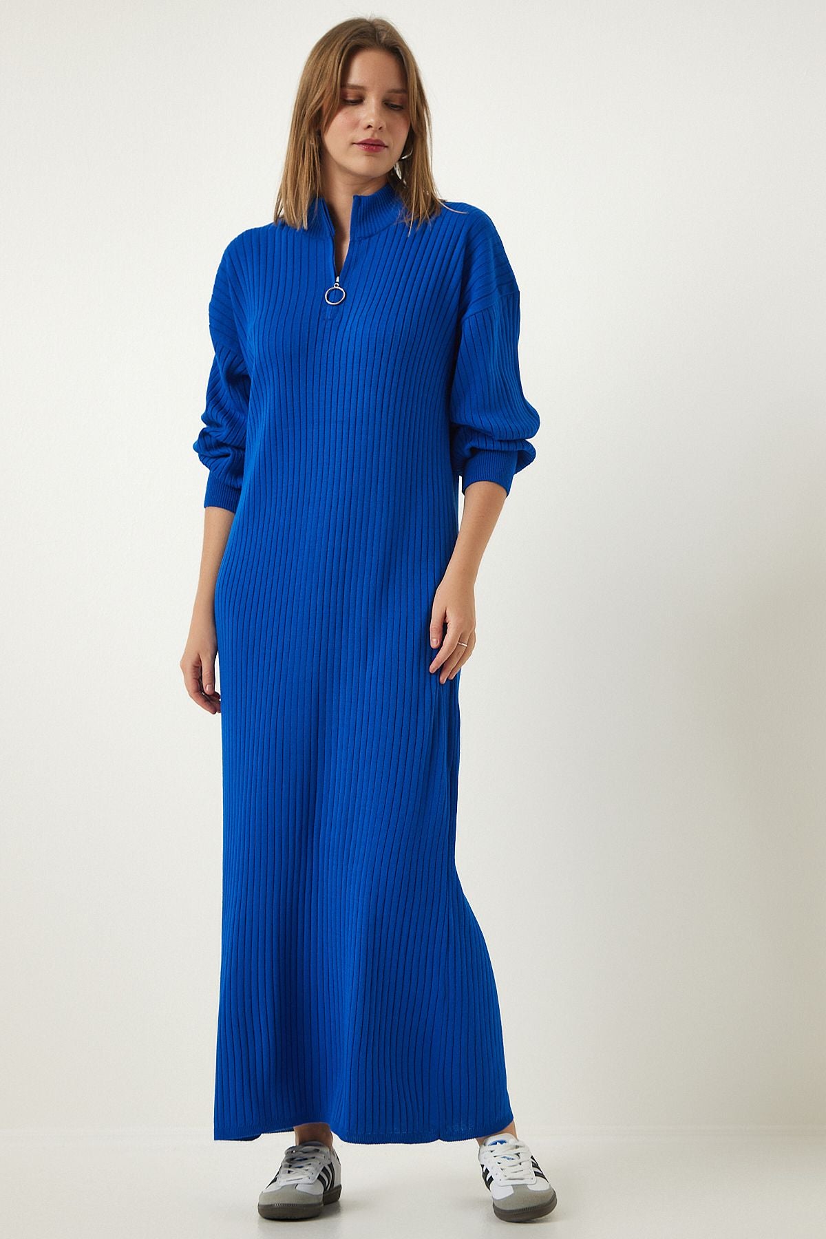 Women's Blue Zippered collar wick long knitwear dress DD01295