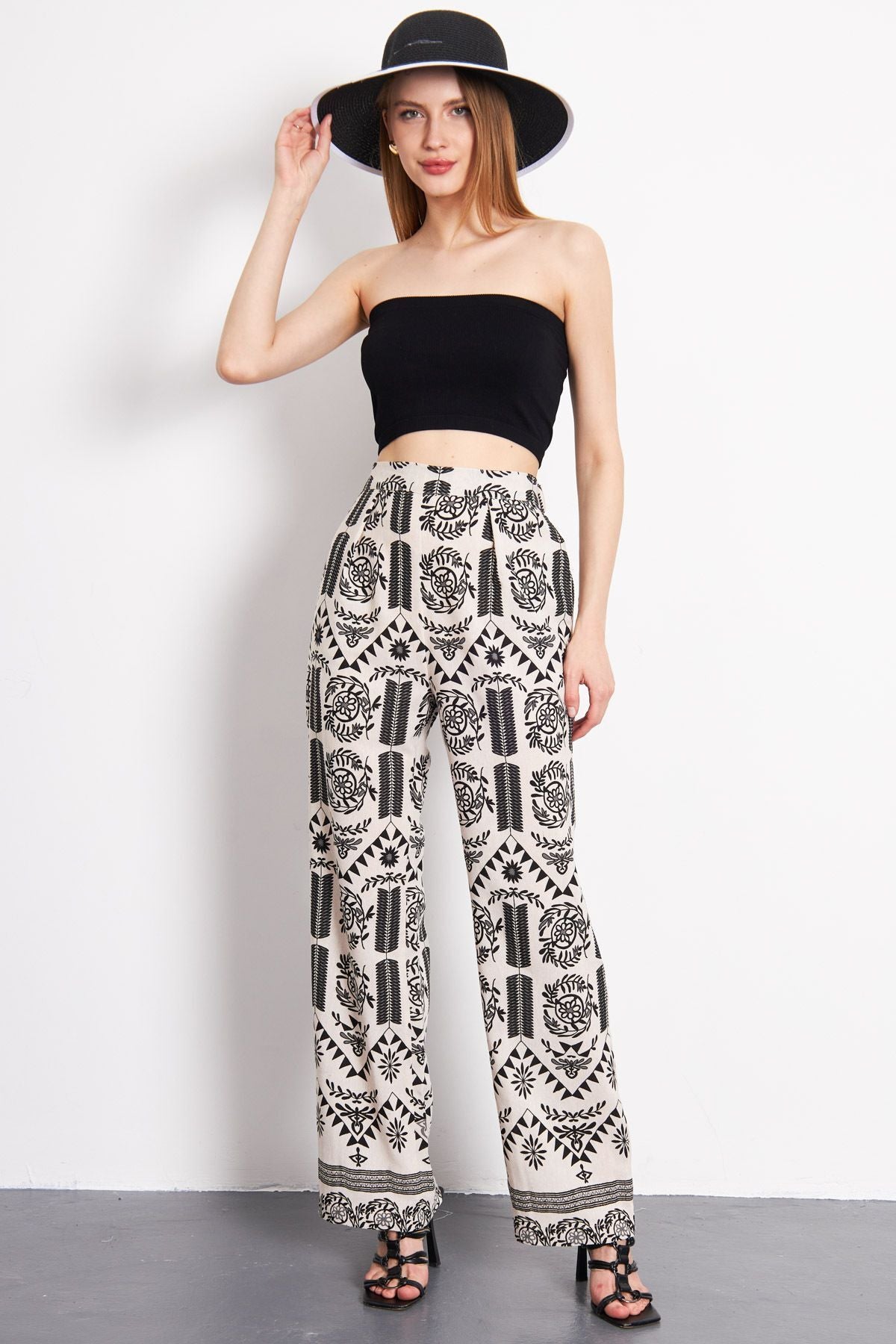 Palazzo Pants with Patterned Patterned Patterned Patterned Black-Gri Linen