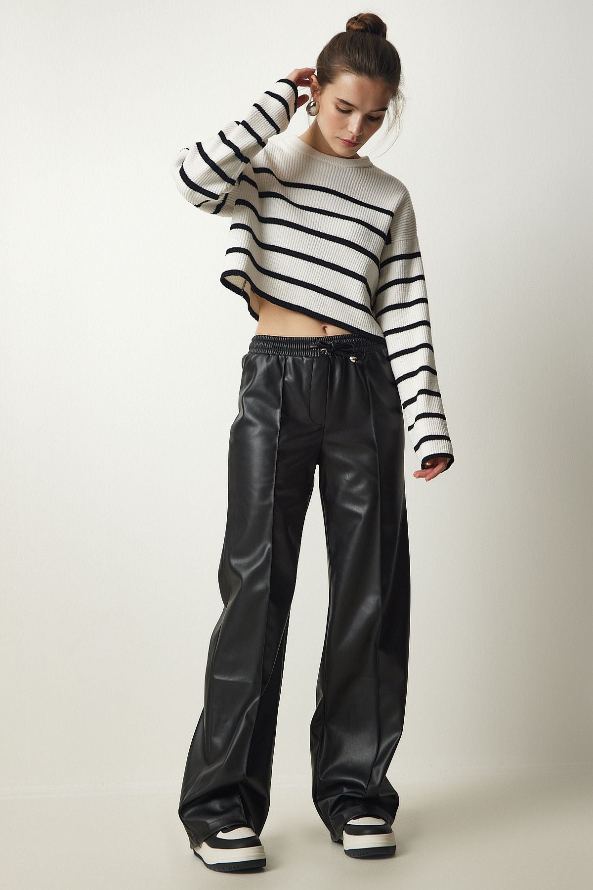 Female Black Premium Laced Artificial Leather Pants FN03156