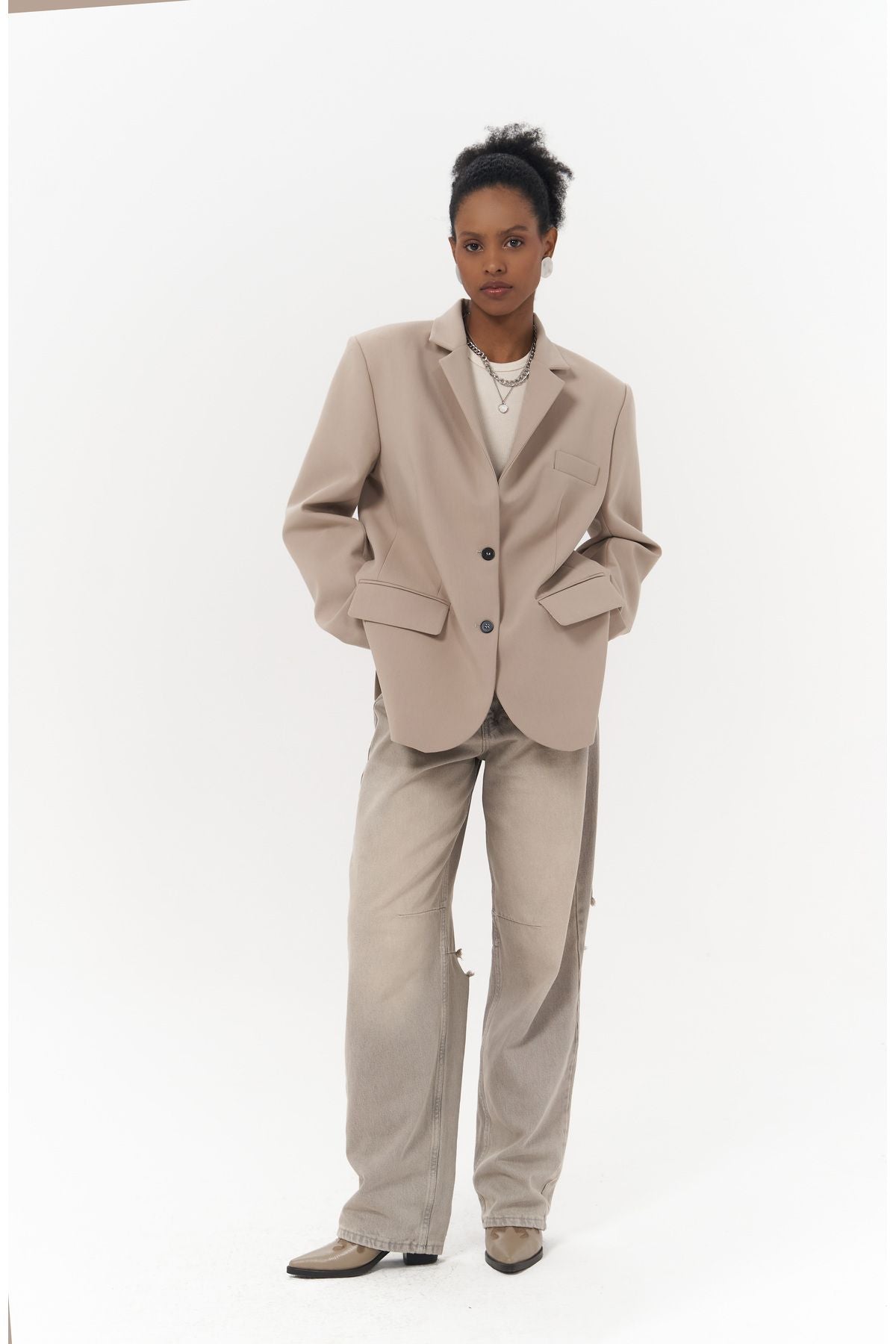 Emma Dikiş Detay Bej Blazer