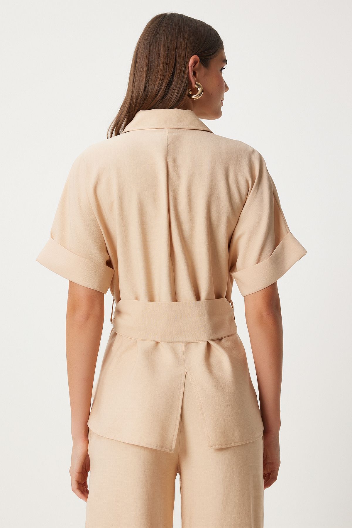 Female beige belt shirt pants weaving set FN03276