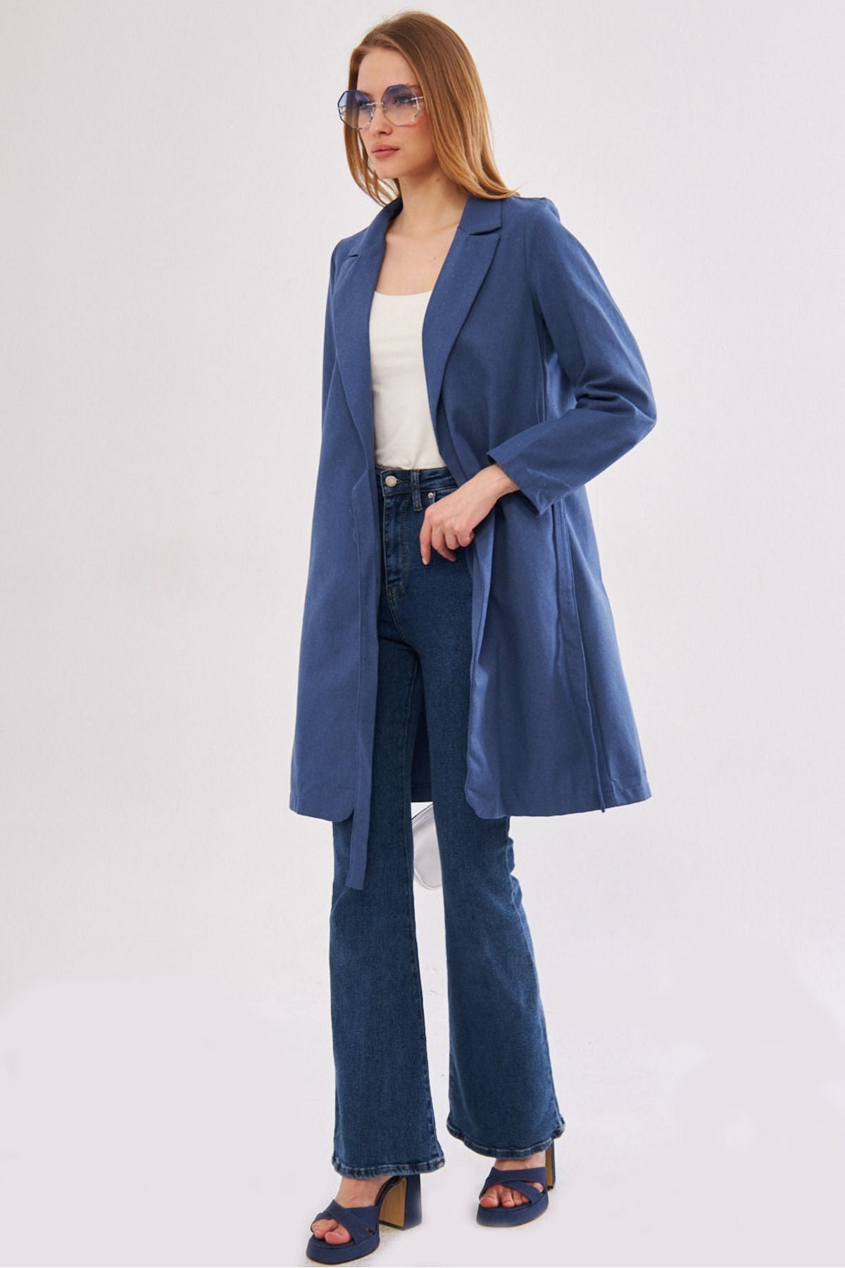 Women's dark blue side tied long coat ARM-24Y001019