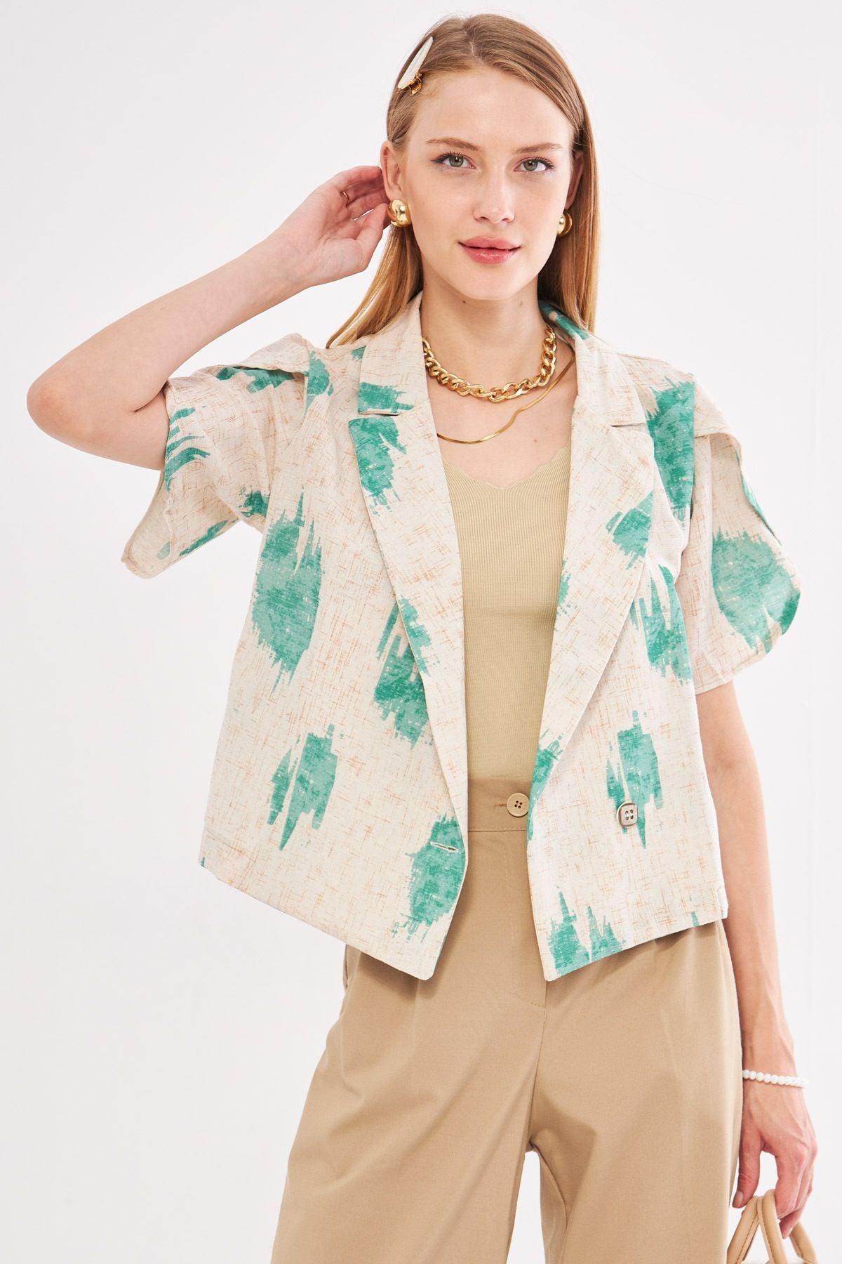 Female green linen-looking patterned handle slit Crop Short Sleeve Jacket ARM-24Y001095