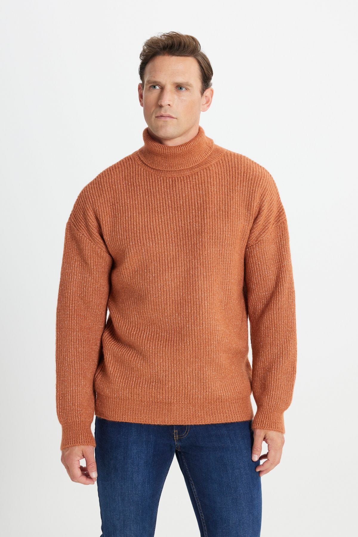 Men's Cinnamon Oversize Plenty of Full Fisherman Collar Patterned Shadon Soft textured knitwear sweater