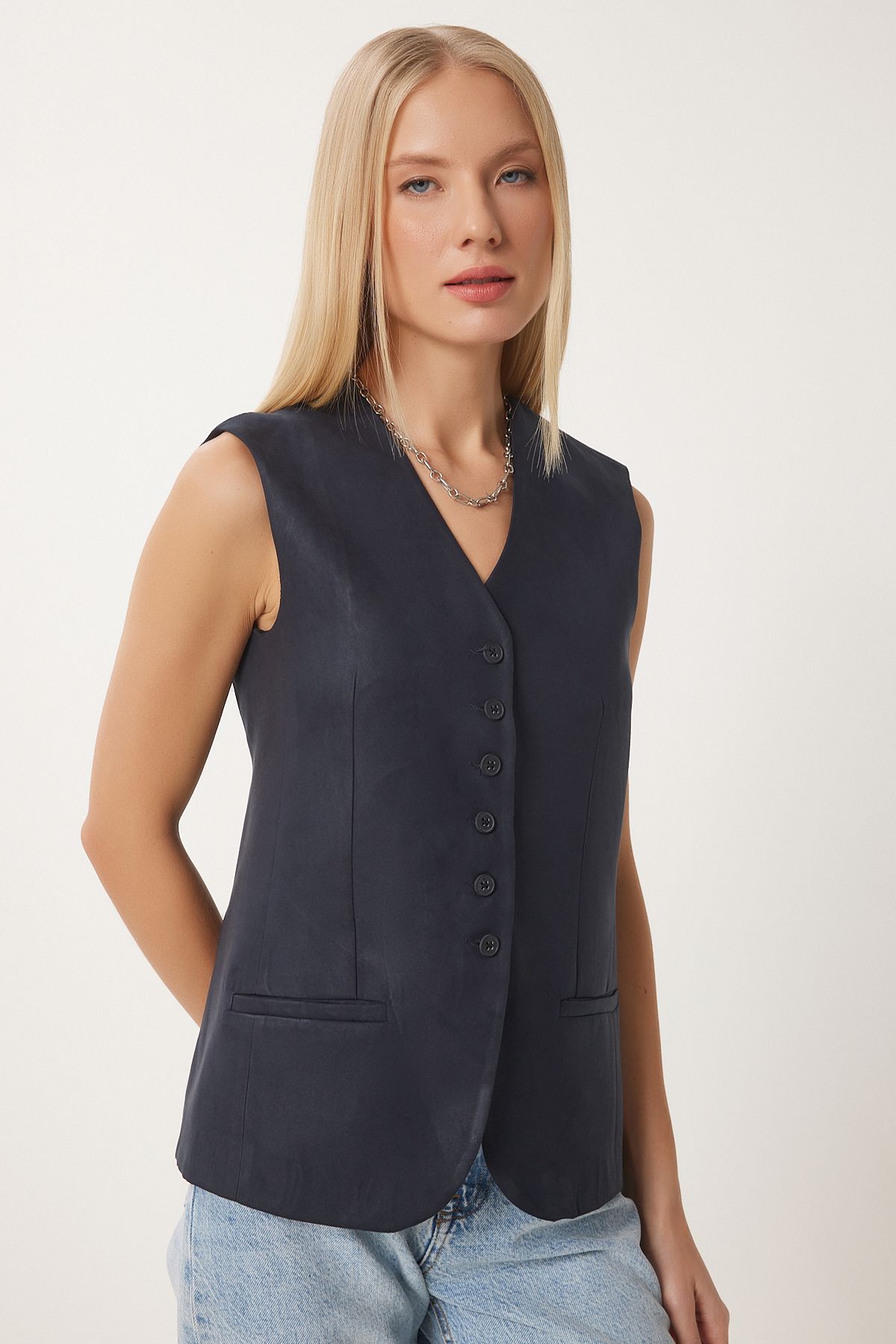 Woman Navy Blue V -Yaka Nubuk Vest FN03387