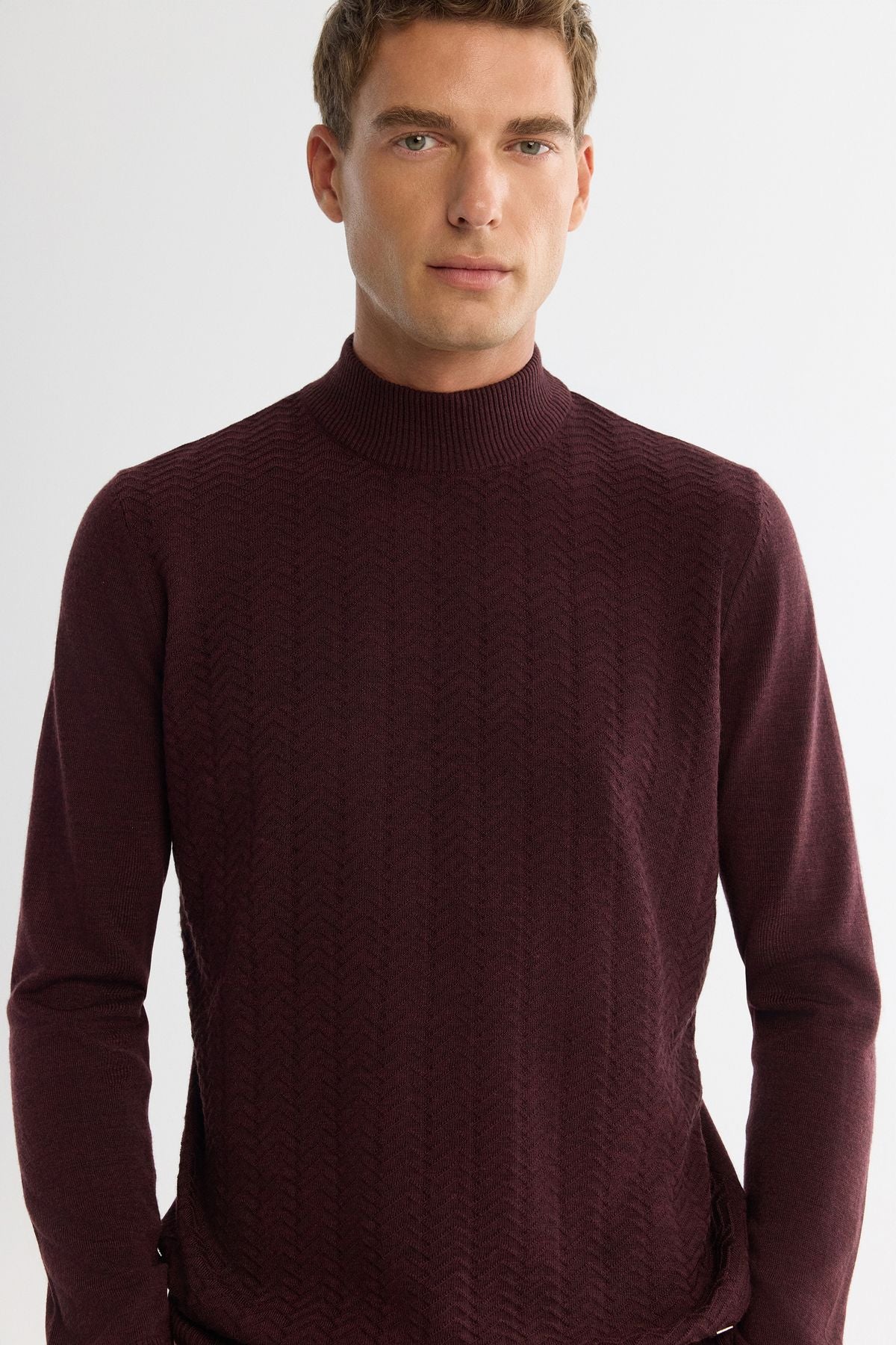 Men's Bordeaux Half Fisherman Collar textured knitwear sweater E005108