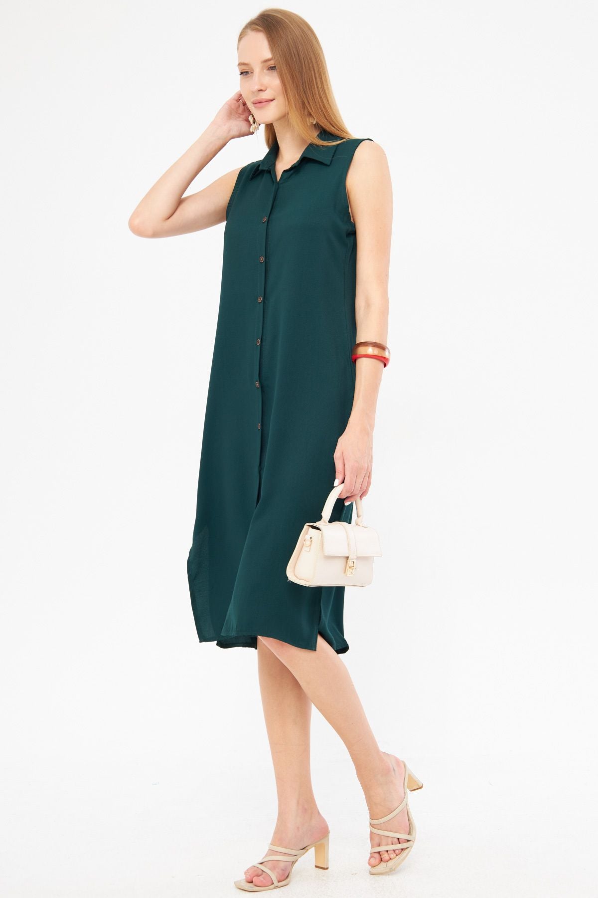 Female emerald collar buttoned dress ARM-17Y00028