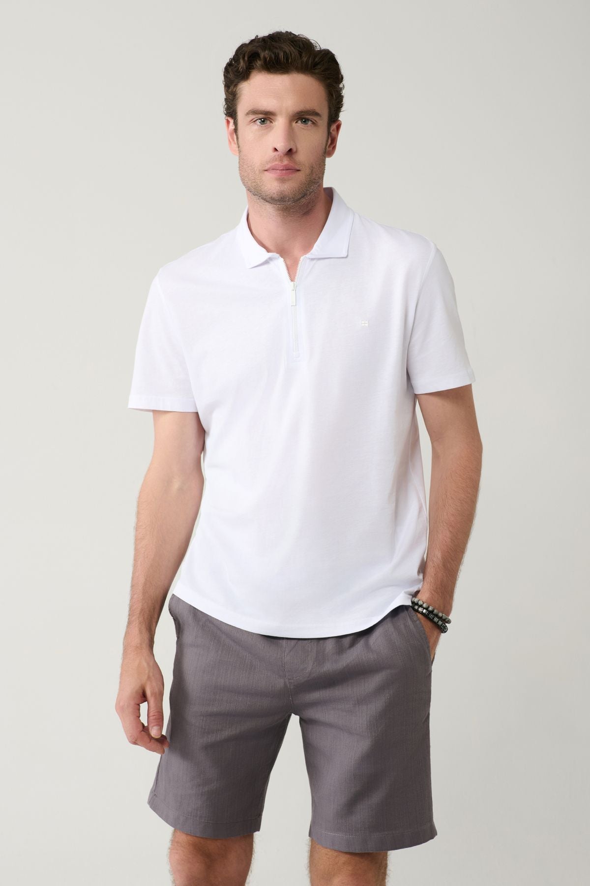 Men's White 100 %Cotton Zipper Polo Yaka T-shirt E001034