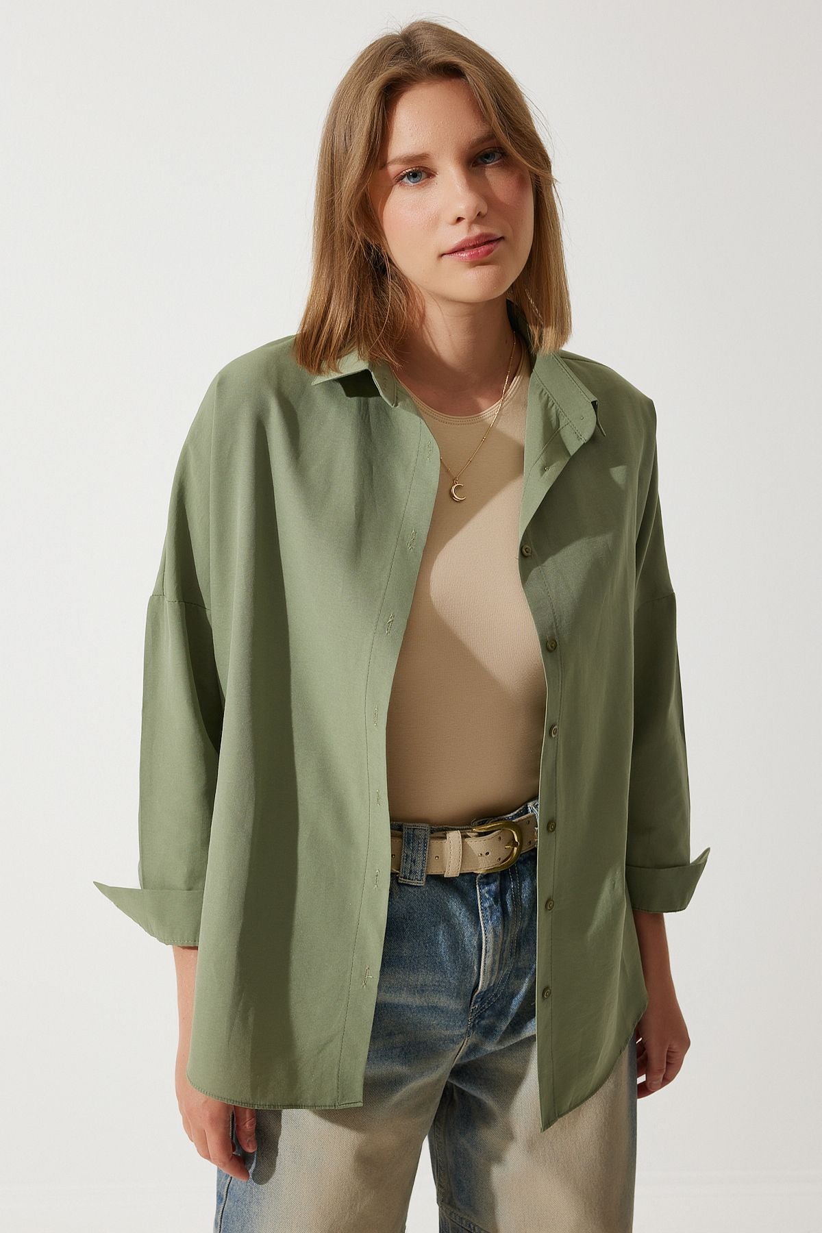 Woman Khaki Oversize Long Basic Shirt DD00842