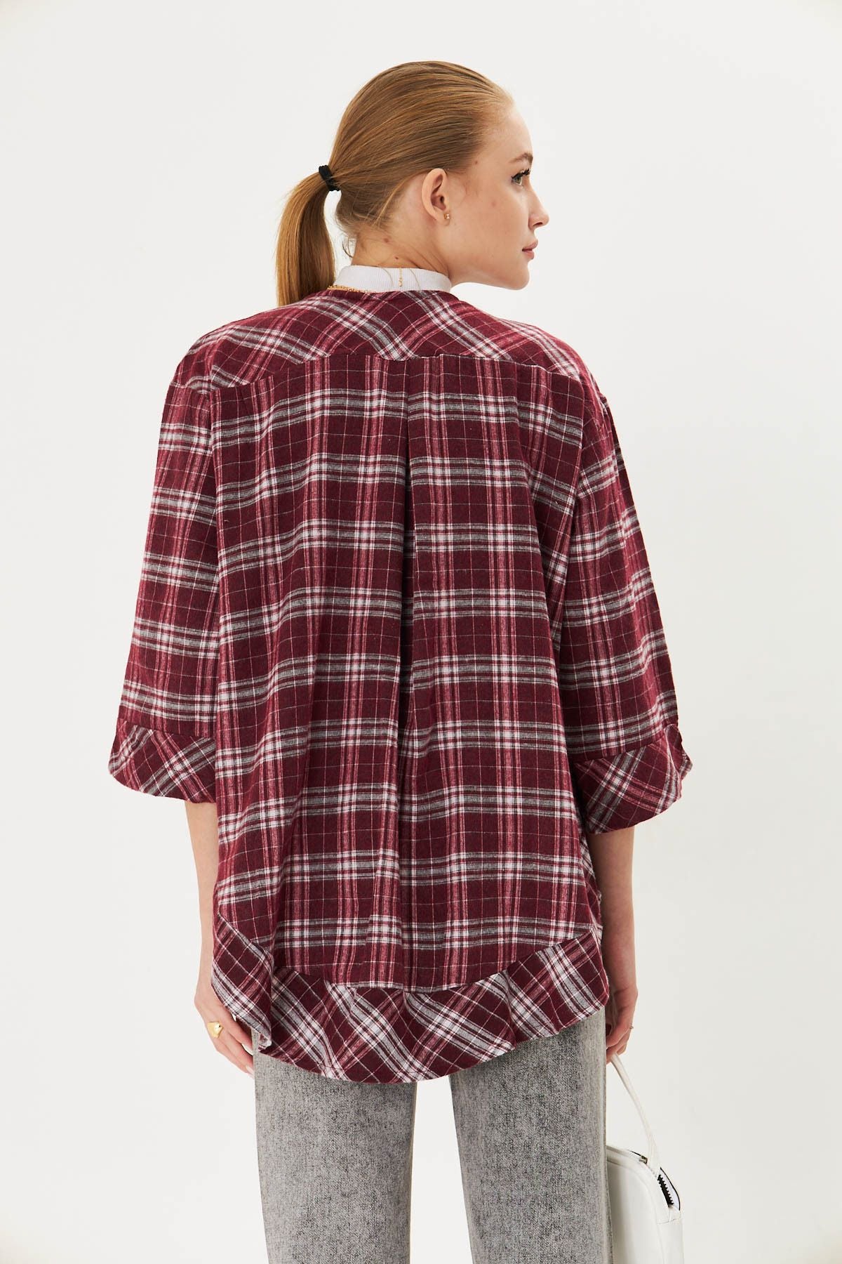 Woman White-Bordo front connecting plaid kimono shirt ARM-25K001017