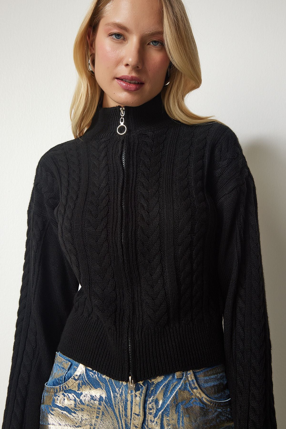 Women's black zipper knitting motif knitwear cardigan yy00174