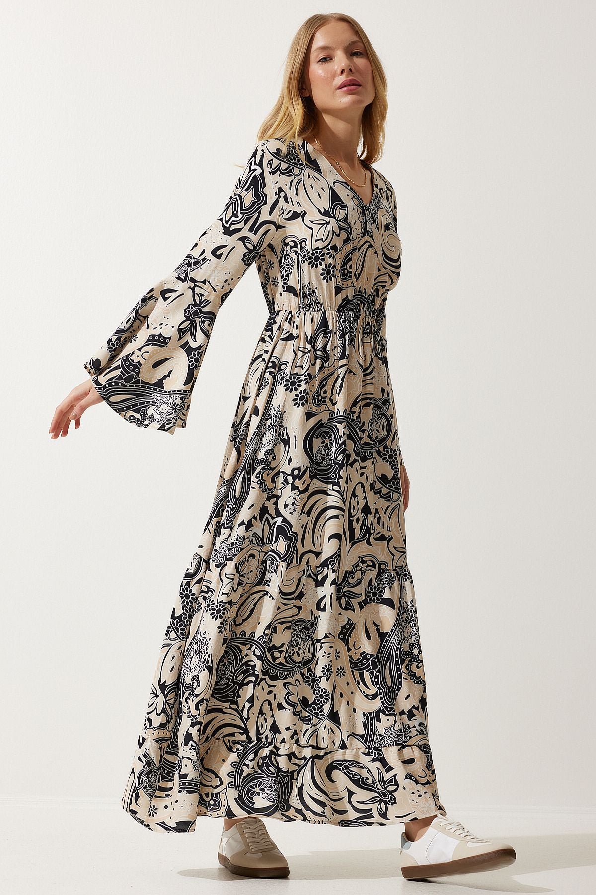 Female Beige Patterned Summer Viscose Dress DD01303