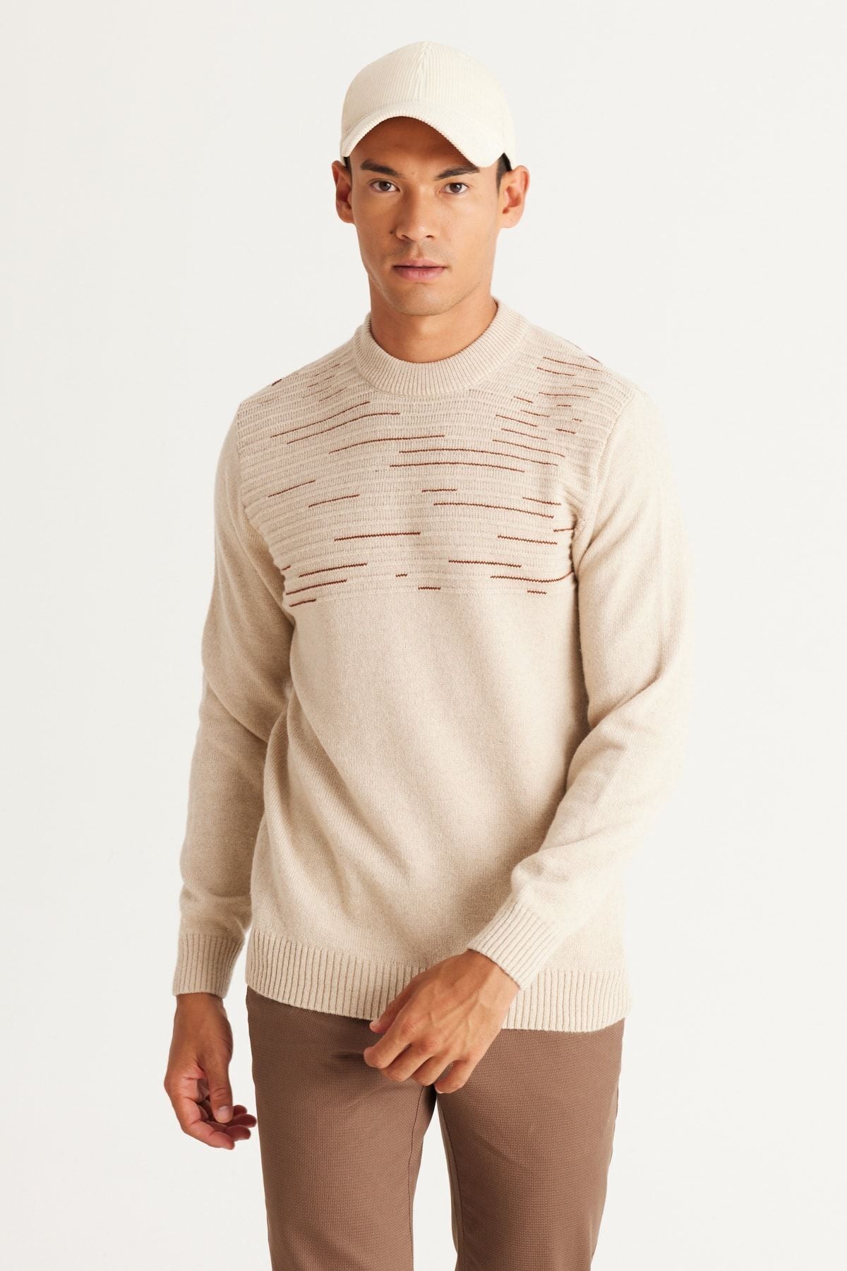 Men's Beige-Rıremıt Standard Fit Normal Cut Half Fisherman Yaka knitwear sweater