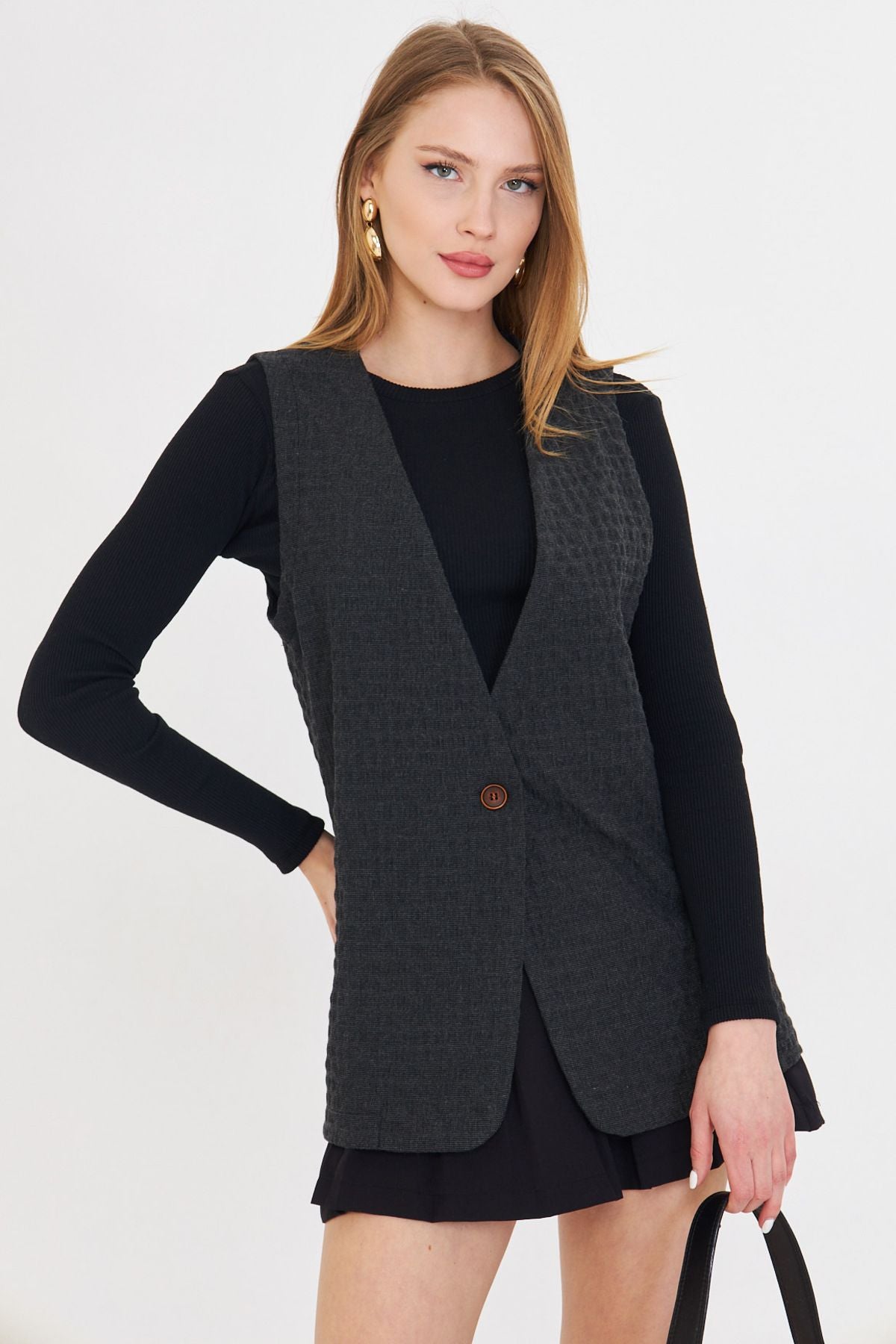 WOMEN'S SMOKED V-YAKA SINGLE buttoned Oversize Patterned Vest ARM-25K001110