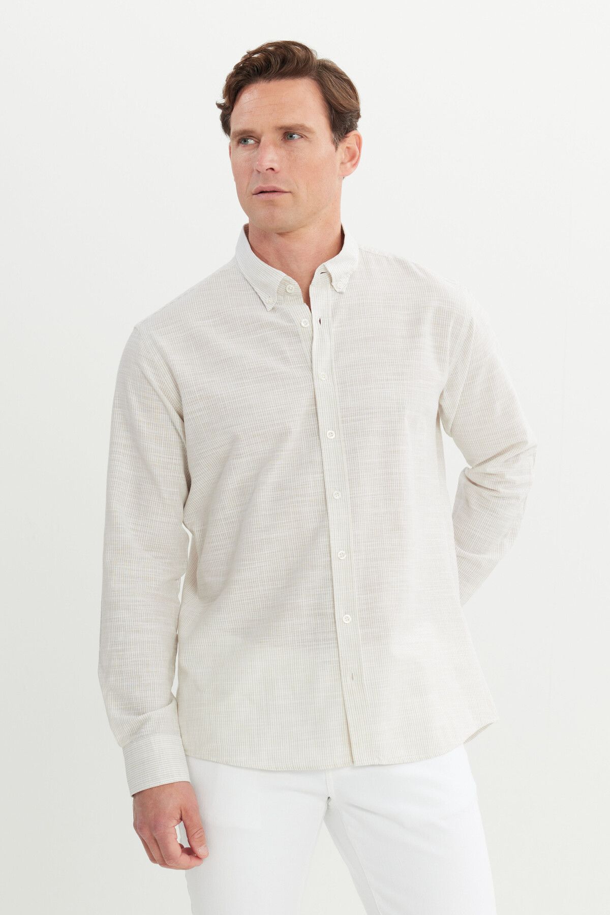 Men's Beige 100 %Cotton Comfort Fit Casual Cutting Buttoned Neckline Shirt