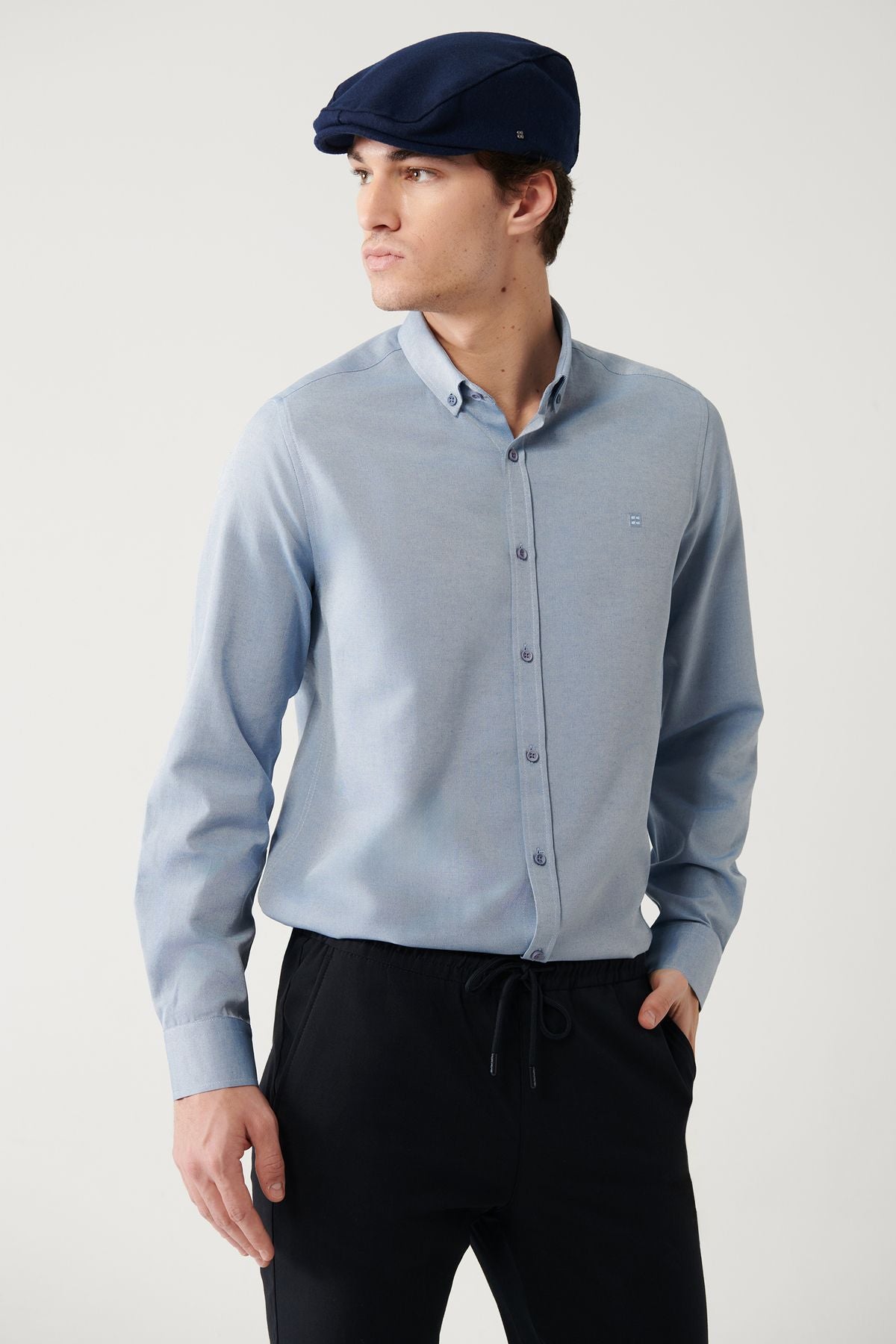 Men's dark blue button collar easy to ironing cotton oxford shirt E002000