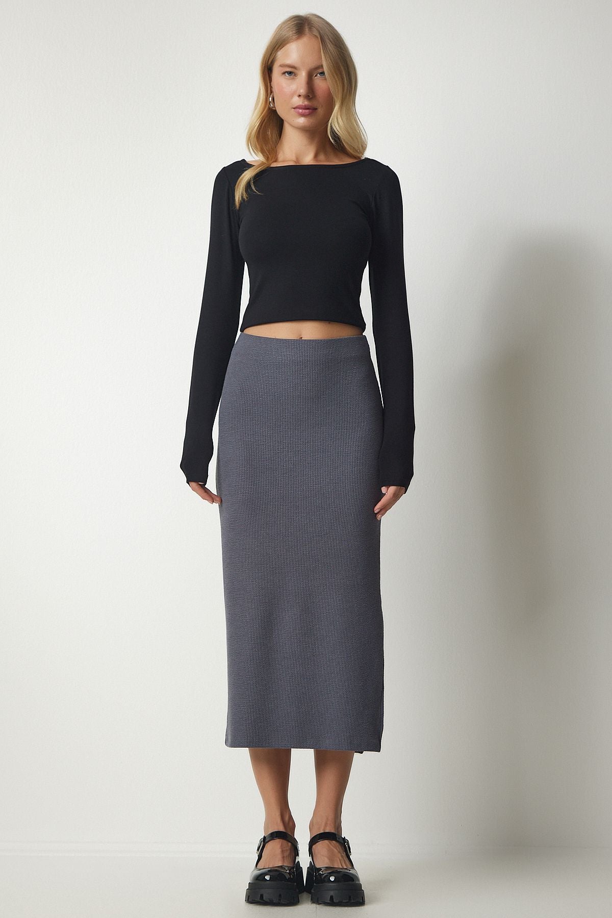 Woman Dark Gray Slit Knitting Pencil Skirt MC00230