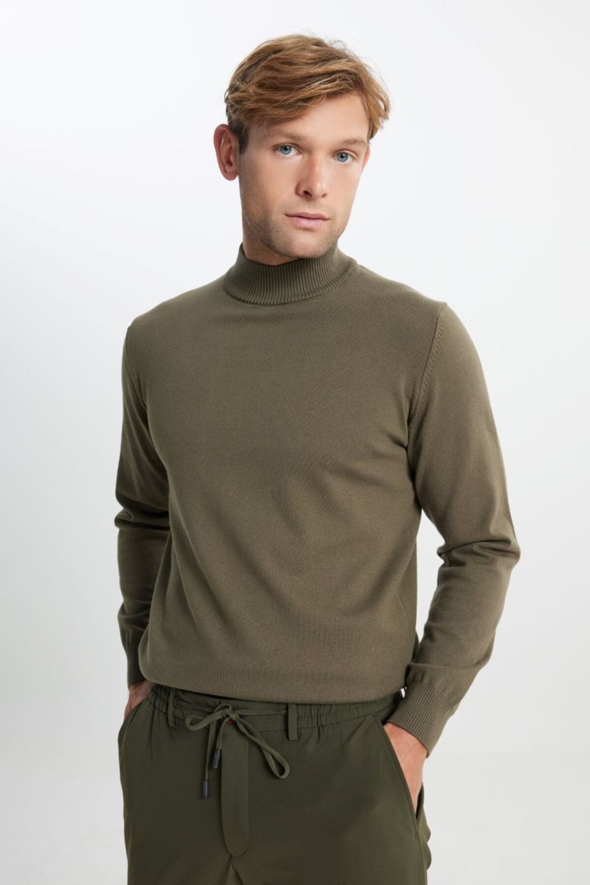 Cotton Standard Fit Normal Cut Half Fisherman Yaka Knitwear Khaki Sweater